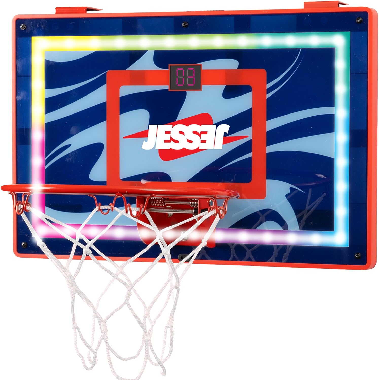 Jesser branded indoor mini basketball hoop with LED scoreboard front view