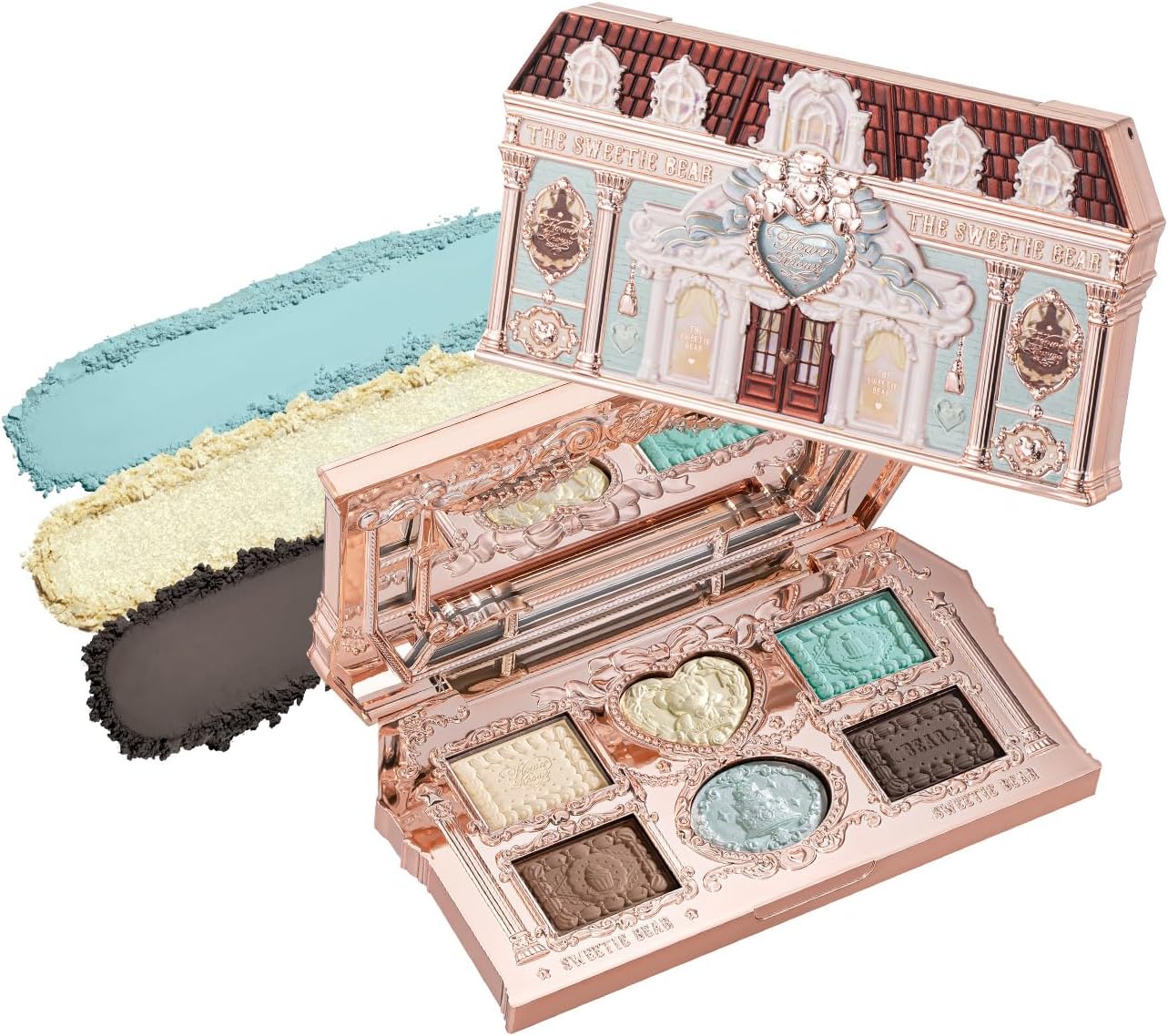 Flower Knows The Sweetie Bear 6-Color Makeup Palette front view featuring ornate neoclassical packaging.