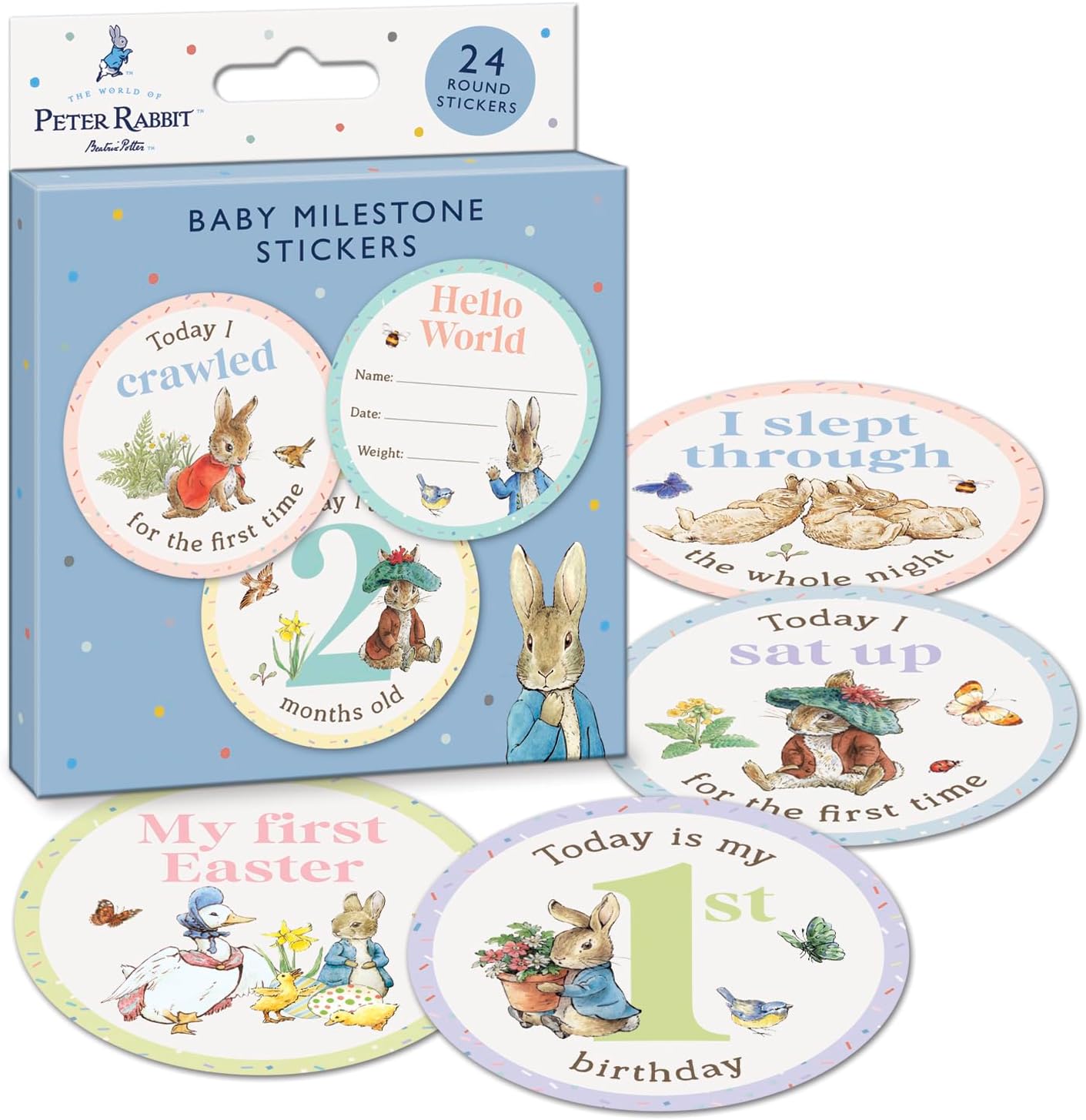 Paper Projects Peter Rabbit Baby Milestone Stickers set showcasing the twenty-four count package front view for infant photoshoots.