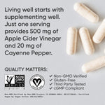 Sports Research 520mg apple cider vinegar and cayenne pepper veggie capsules container showing supplement facts.