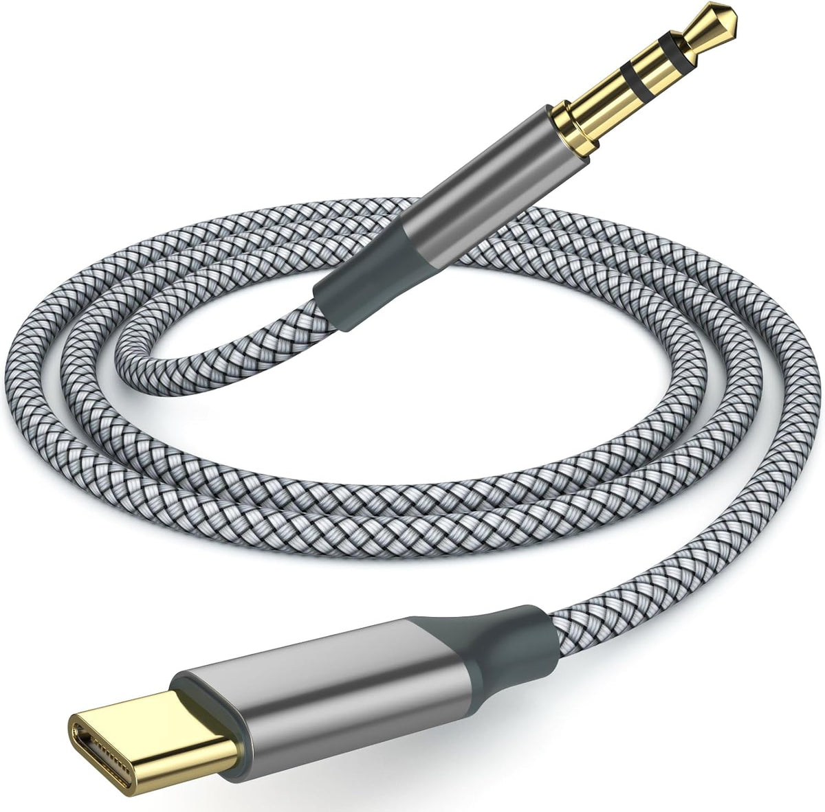 Henrety USB C to 3.5mm Aux Cable front view of metallic connectors