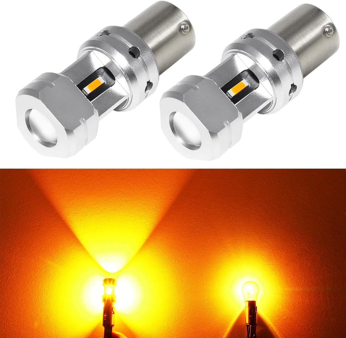 Phinlion amber LED turn signal light bulbs pack front view