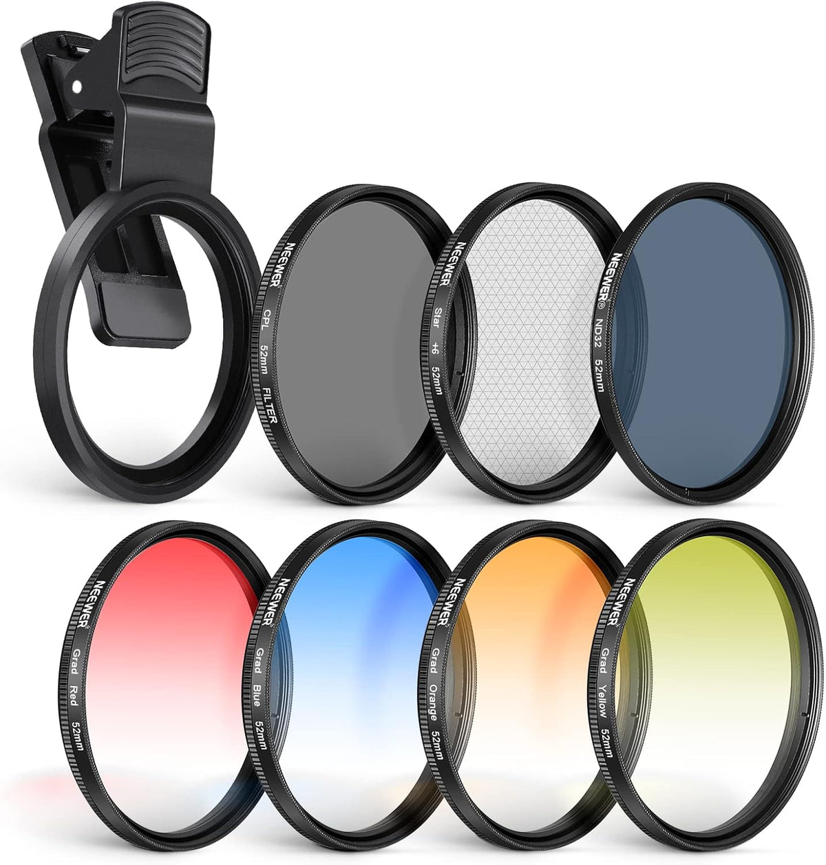 Neewer 52mm lens filter kit front view with phone clip