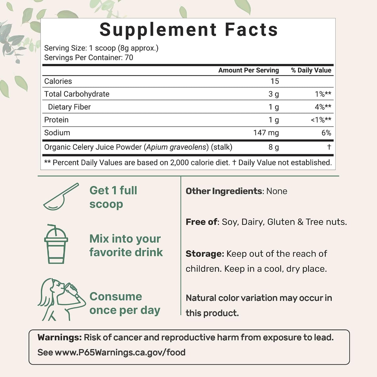 Micro Ingredients celery juice powder nutritional supplement label facts