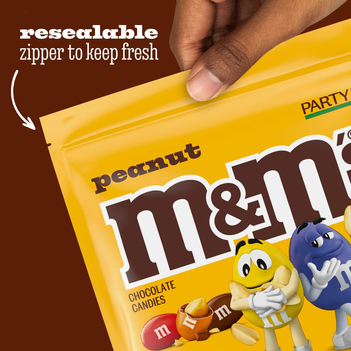M&M'S party size chocolate candy bags showing roasted peanut details