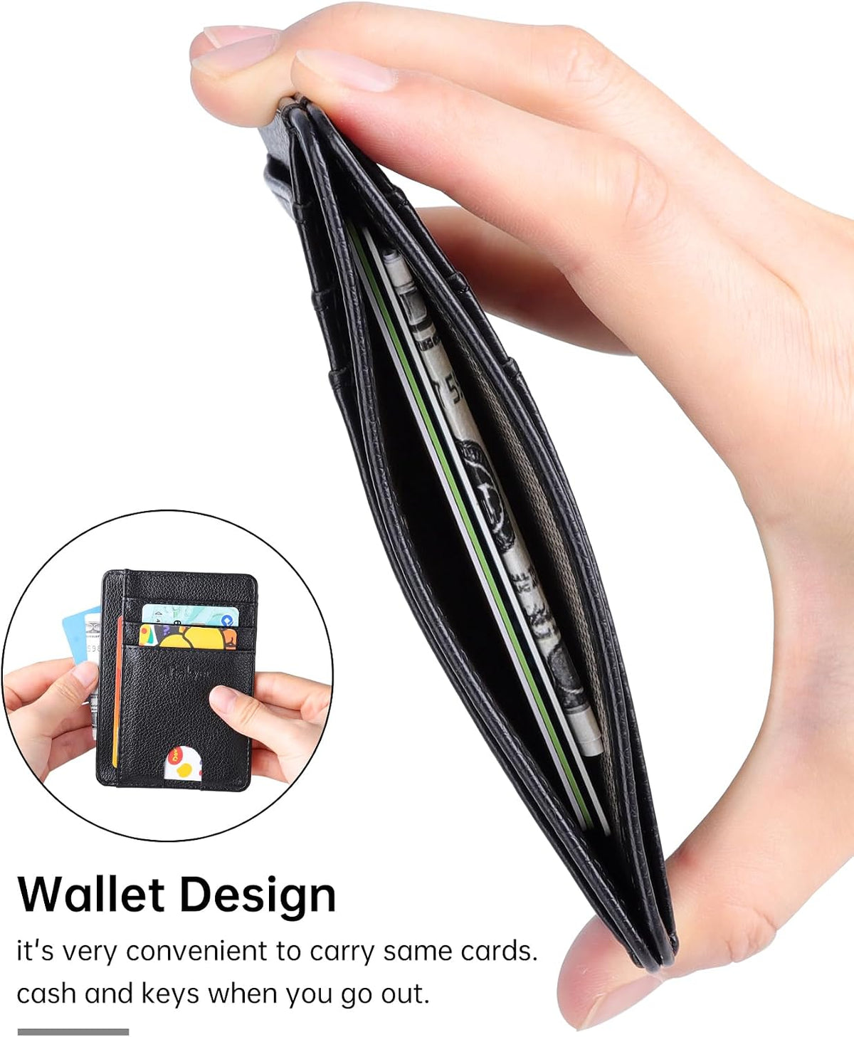 Side profile of Teskyer front pocket card holder demonstrating ultra slim thickness.