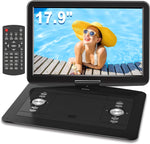 WONNIE 17.9 Inch Portable DVD Player front view showing open 15.4 inch large HD swivel screen and remote control