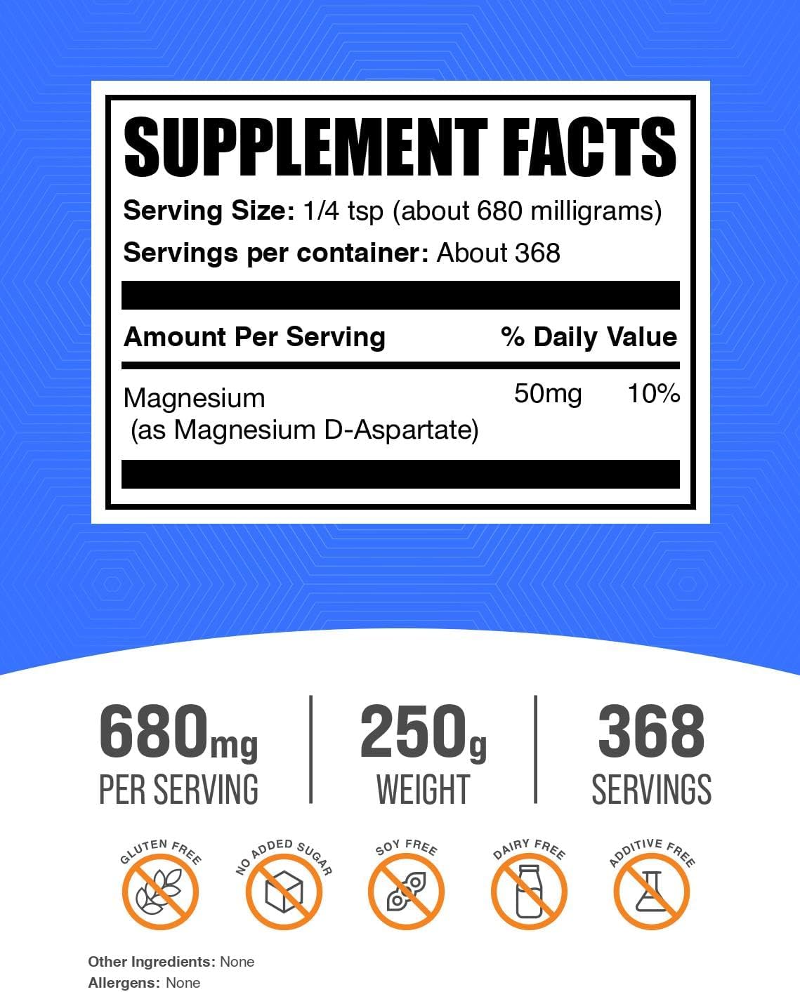 BulkSupplements Magnesium D-Aspartate 250 grams pack supplement facts label