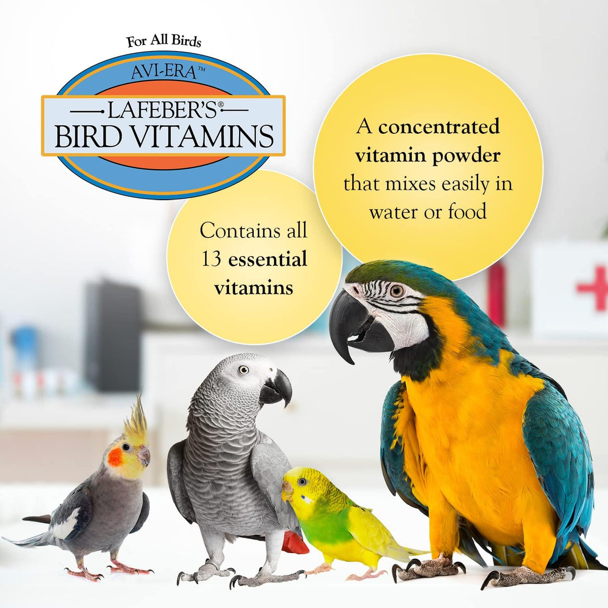Lafeber Avi-Era bird supplement powder packaging highlighting thirteen essential vitamins feature