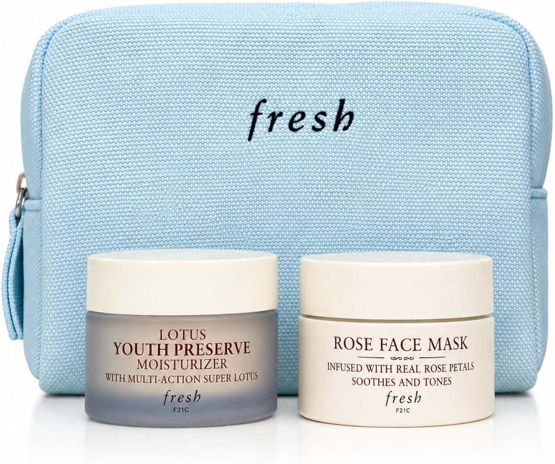Fresh mini travel skincare set front view cosmetics bag