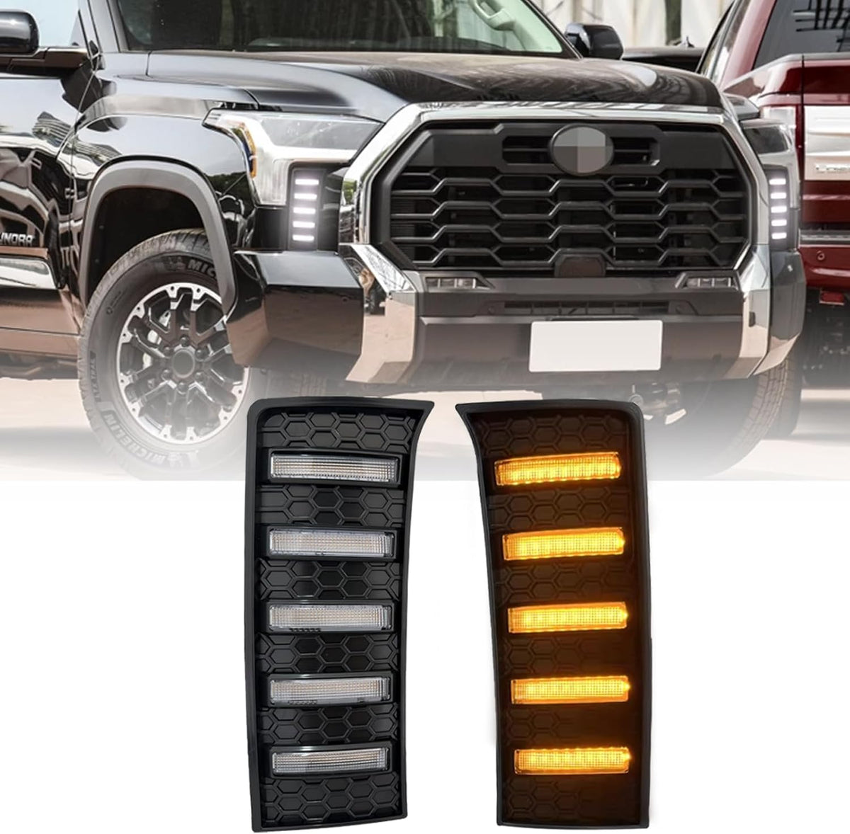 Jie Norman LED daytime running lights pair installed on a Toyota Tundra front grille view