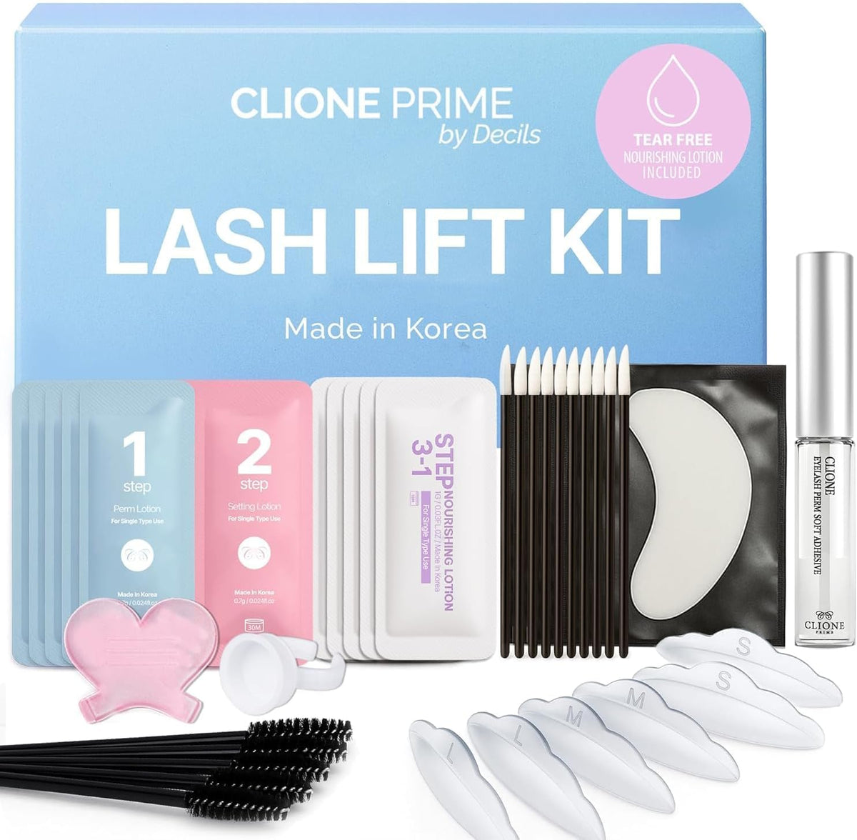 Clione Prime Korean Lash Lift Kit front packaging view showcasing the professional five sets at home eyelash perm tools.