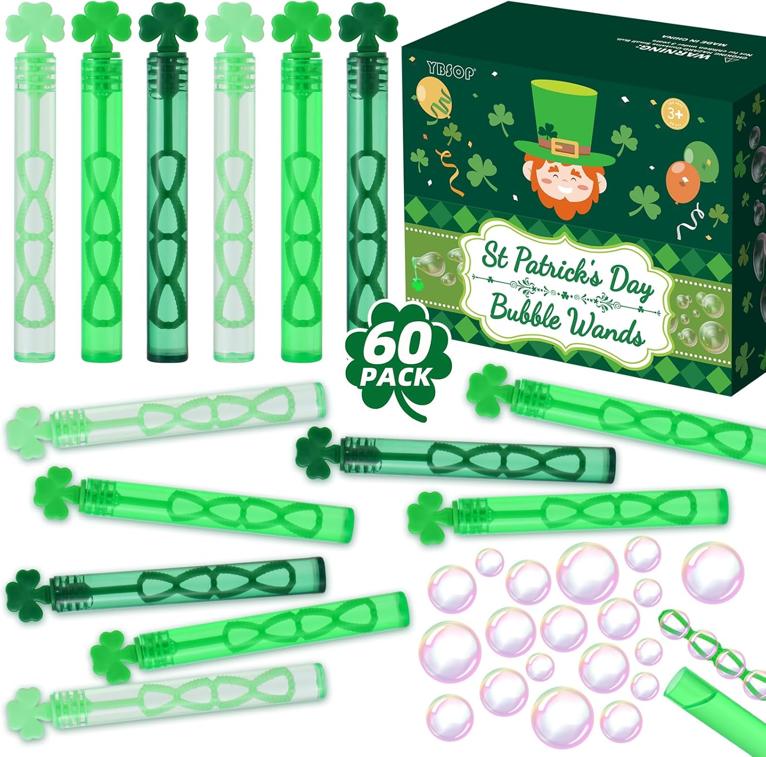 Ybsop 60 pack St. Patrick's Day mini shamrock bubble wands front view