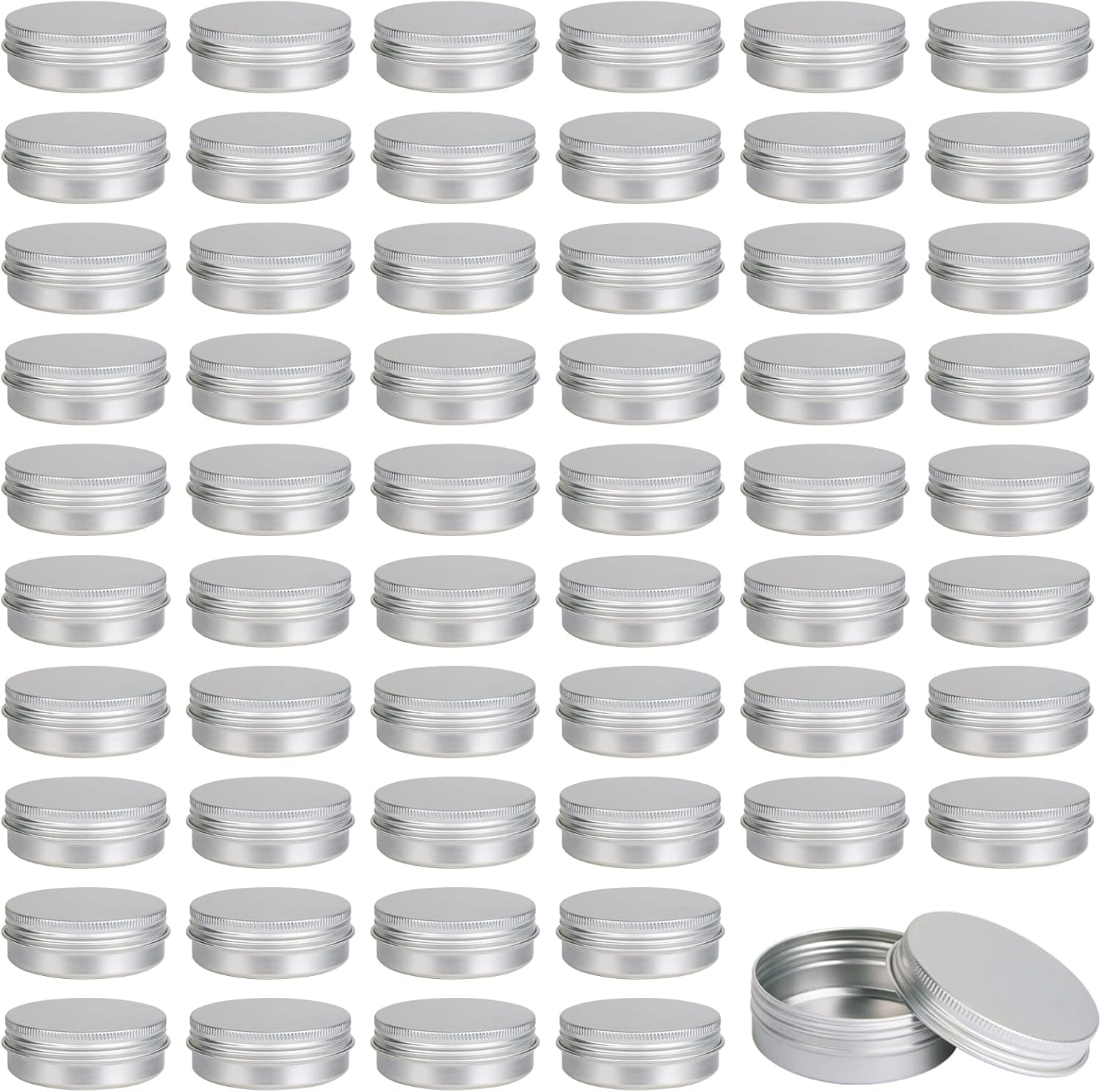 Moretoes 60 pack aluminum round tins front view for DIY cosmetics