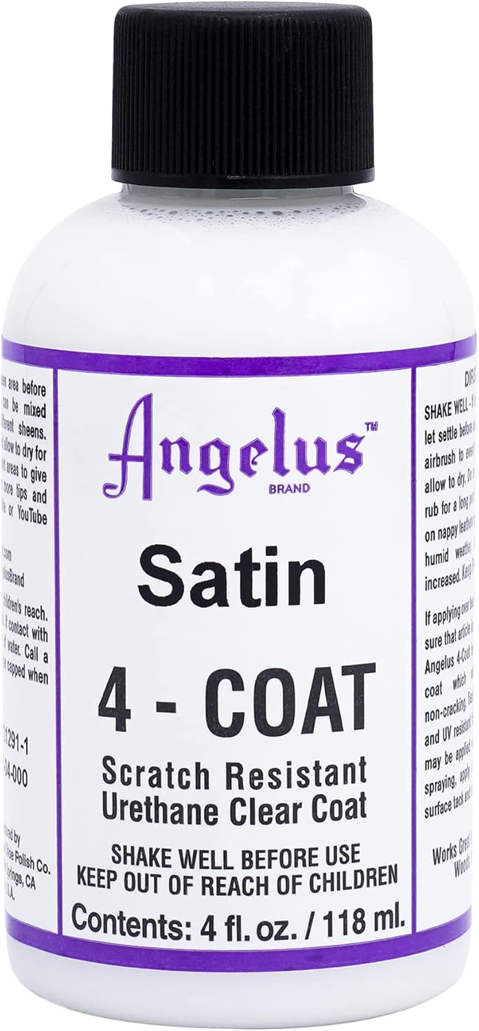 Angelus Satin 4-Coat Leather Sealer front view 4 fluid ounce bottle for shoe customization
