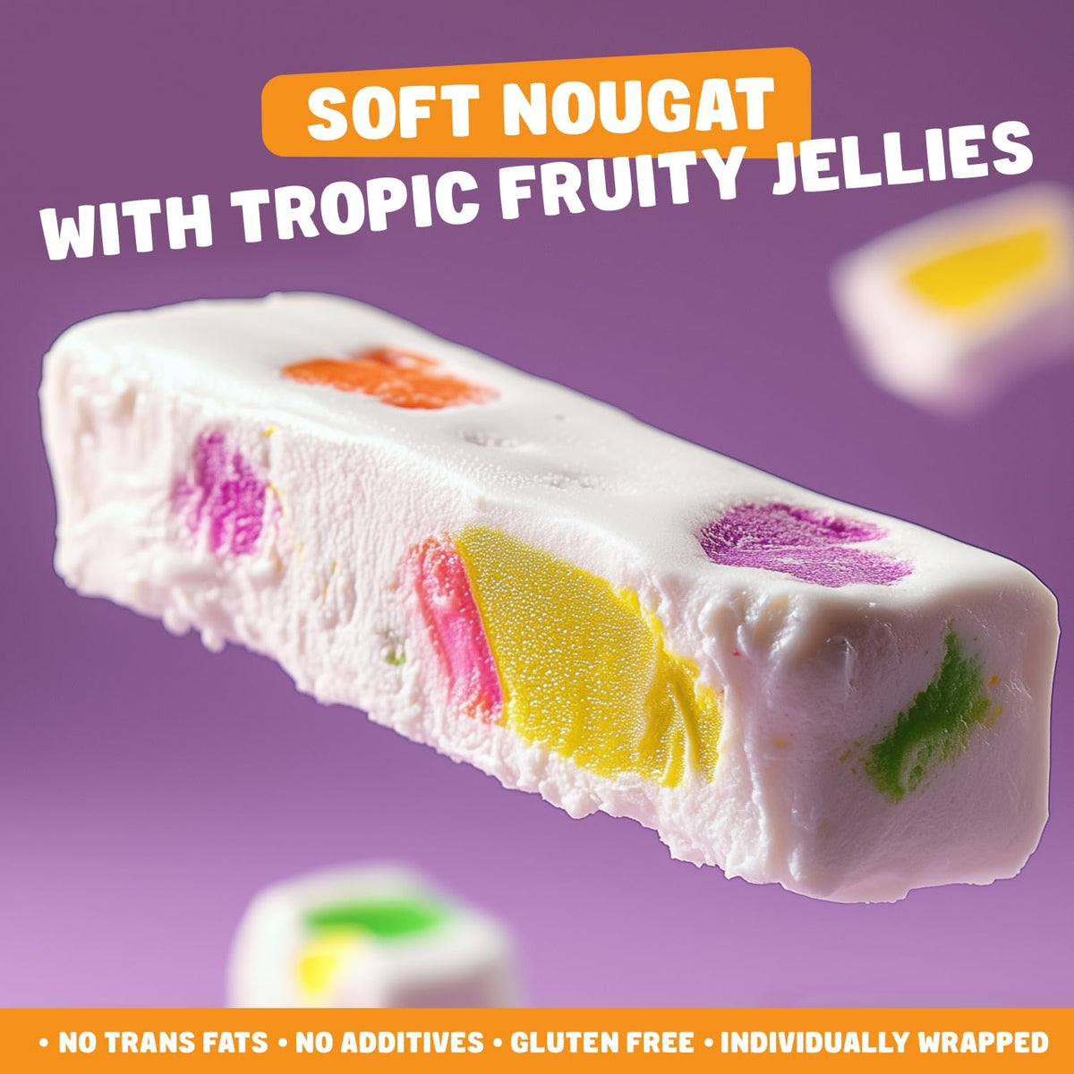 Close up shot of a piece of Donty-Tonty tropical jujube nougat displaying the chewy texture and vibrant jelly pieces.