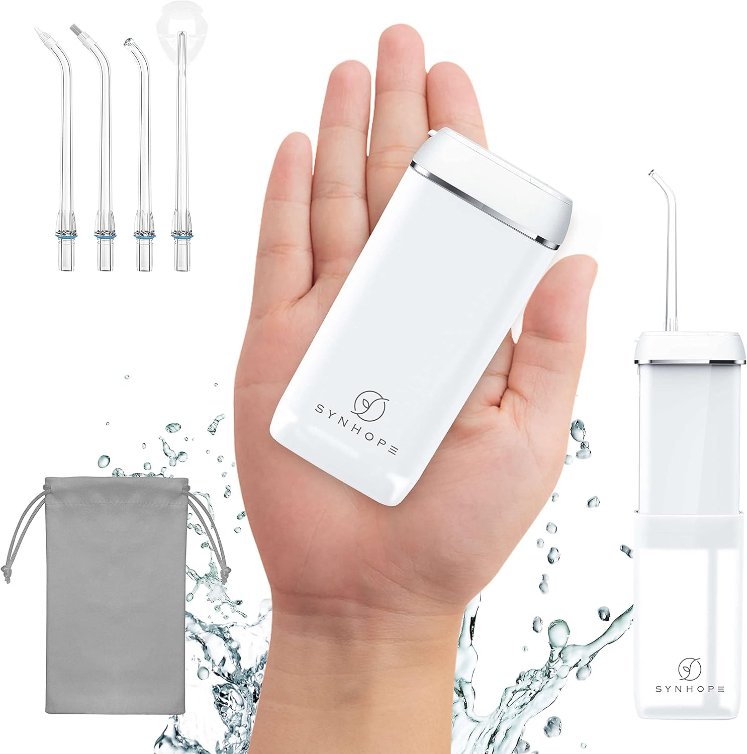 SYNHOPE mini cordless portable water flosser front view showing white telescopic design.