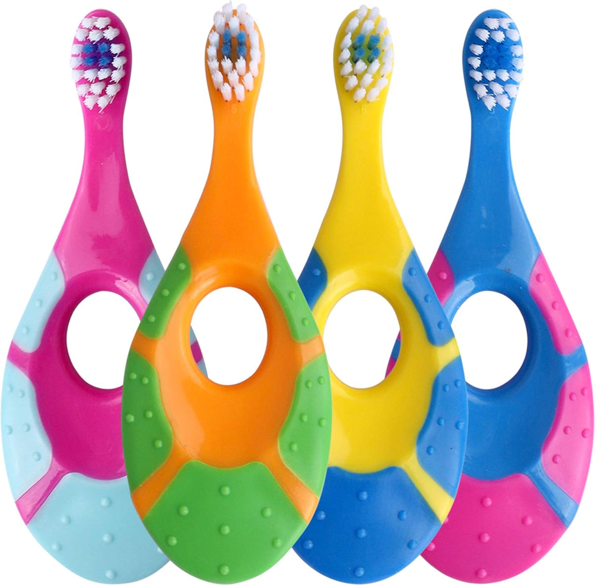 Ecovona baby toothbrush 4 pack front view showing colorful ergonomic handles