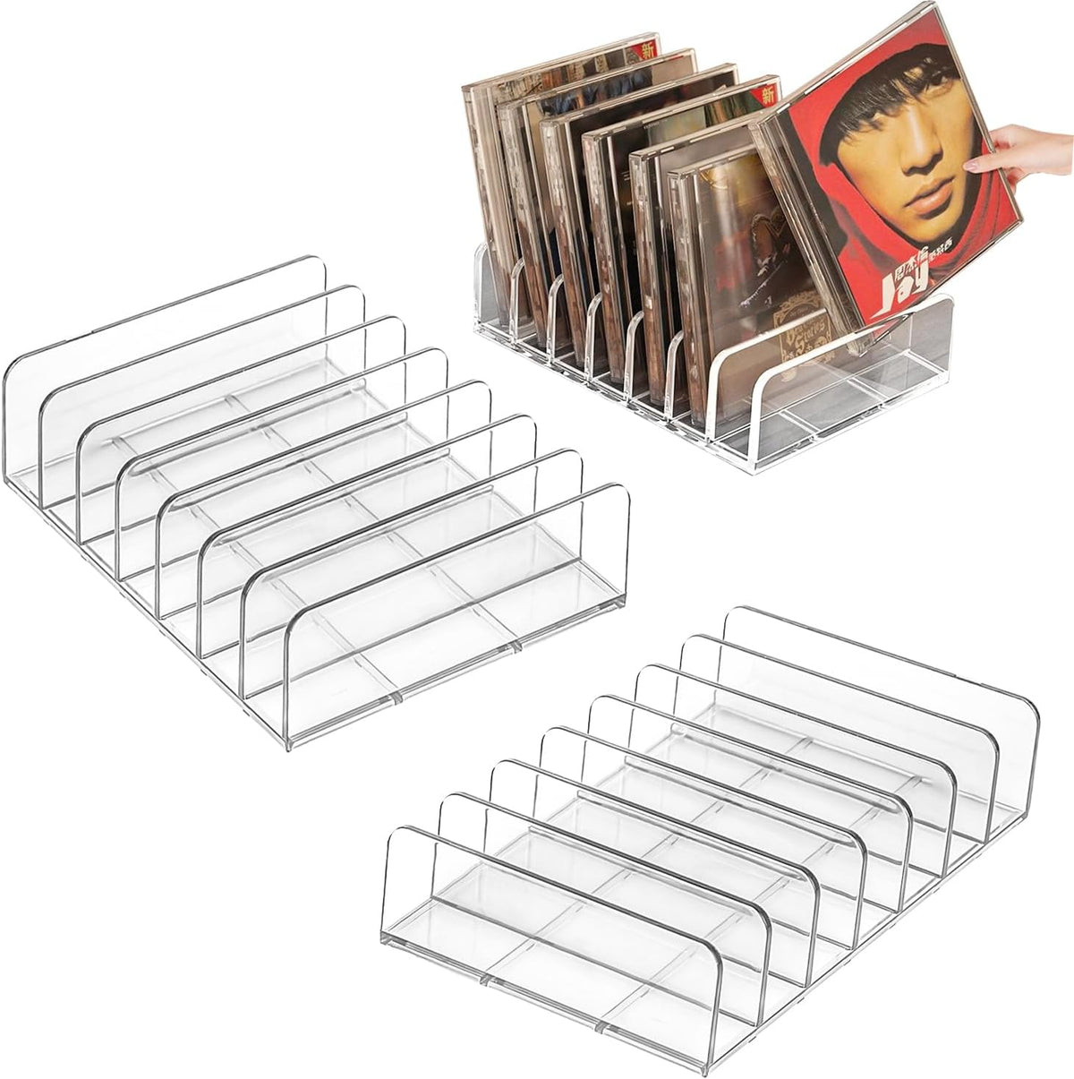 QHQhaven clear acrylic CD holder front view for desktop organization.