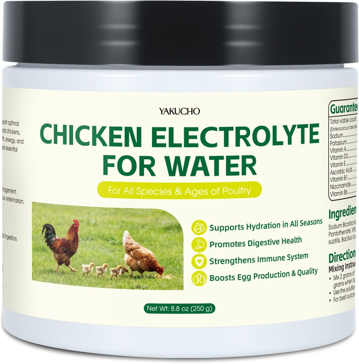Yakucho Chicken Electrolytes front view bottle of water soluble poultry supplement powder