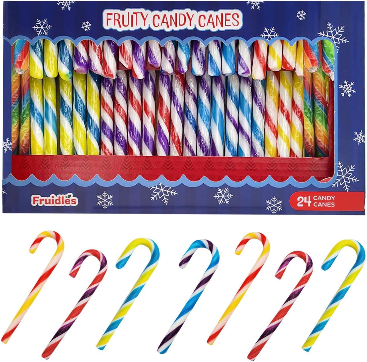 Fruidles Mixed Fruit Candy Canes front view of twenty-four count package of holiday candy sticks