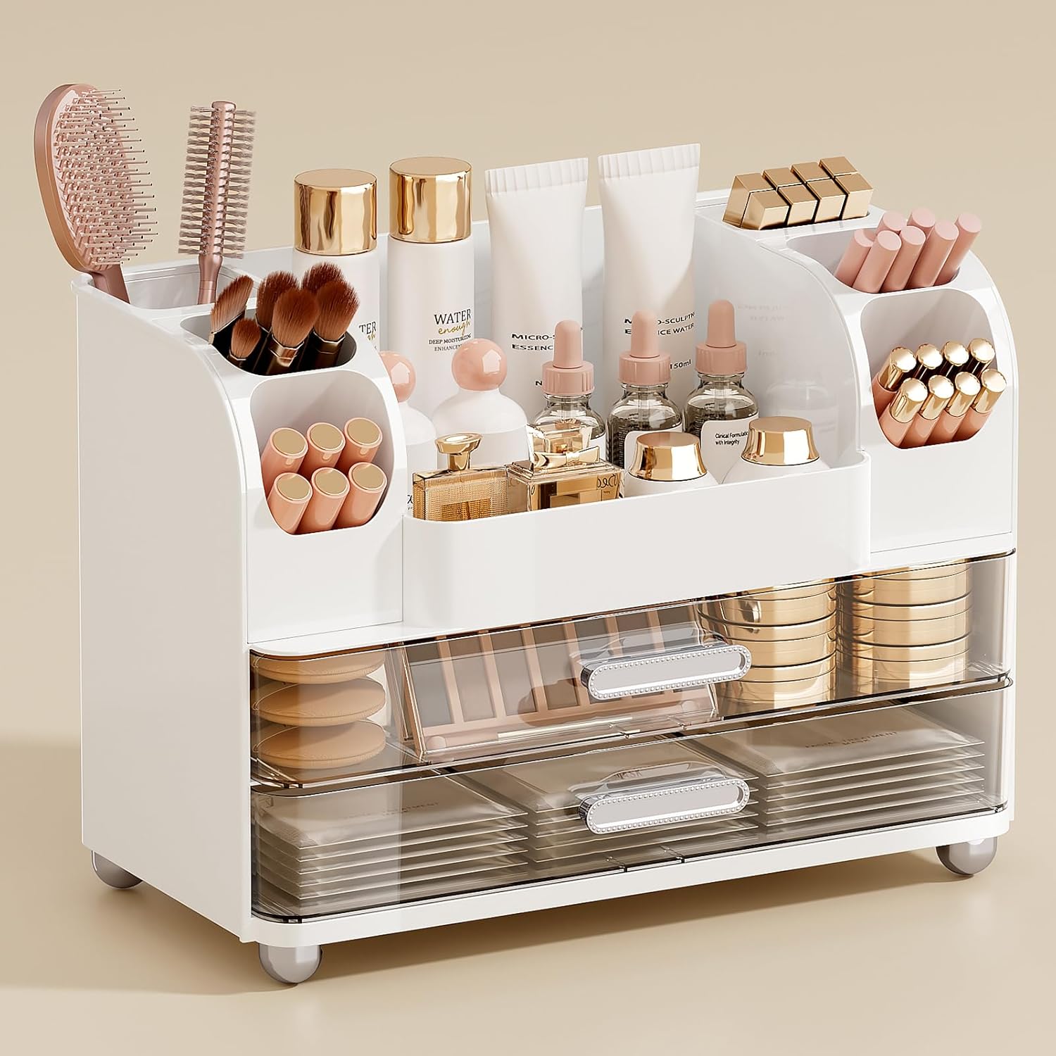 UFORU makeup organizer vanity countertop front view showing white frame and clear drawers