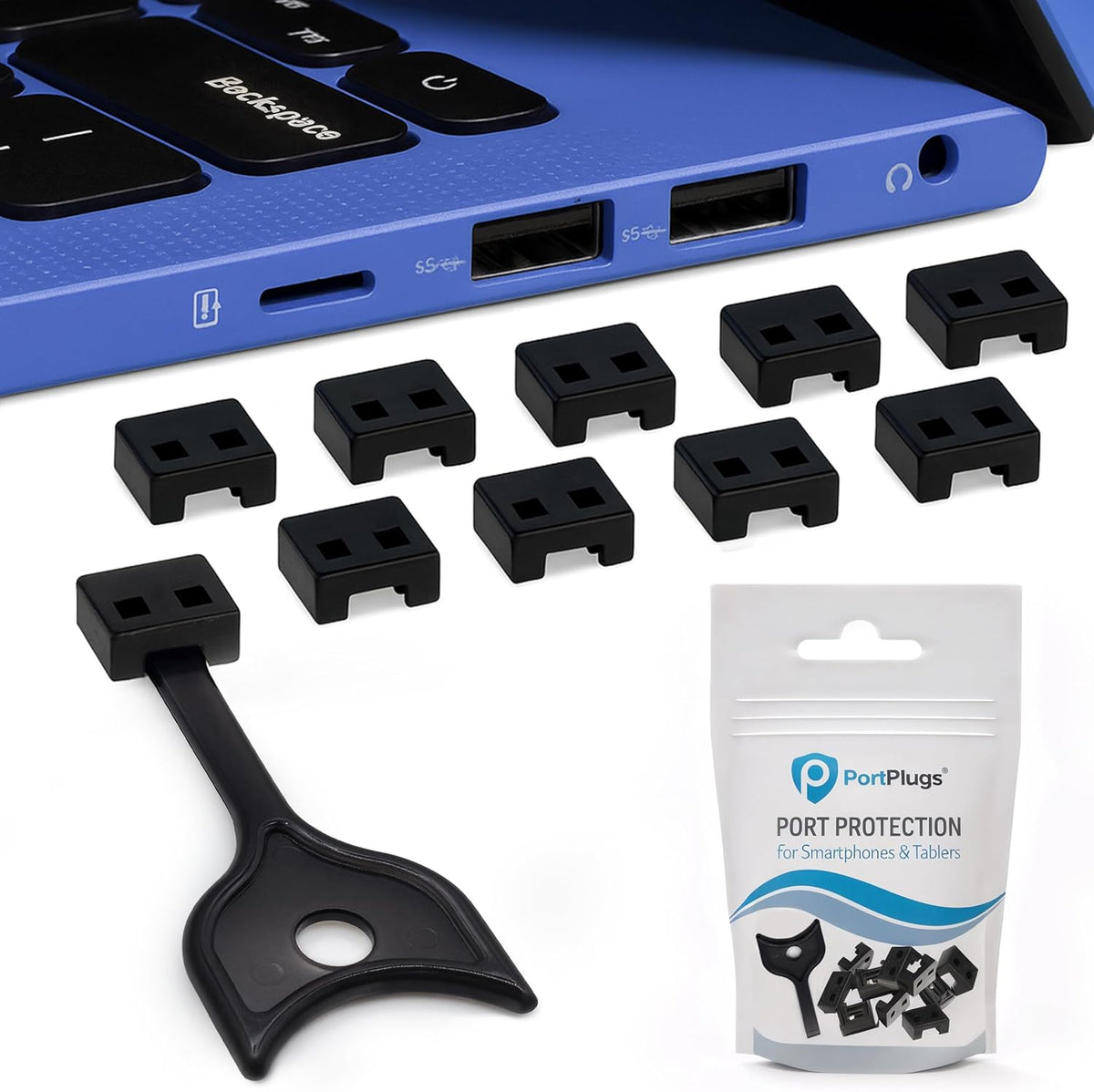 PortPlugs USB-A Port Blockers front view showing ten black inserts and security key