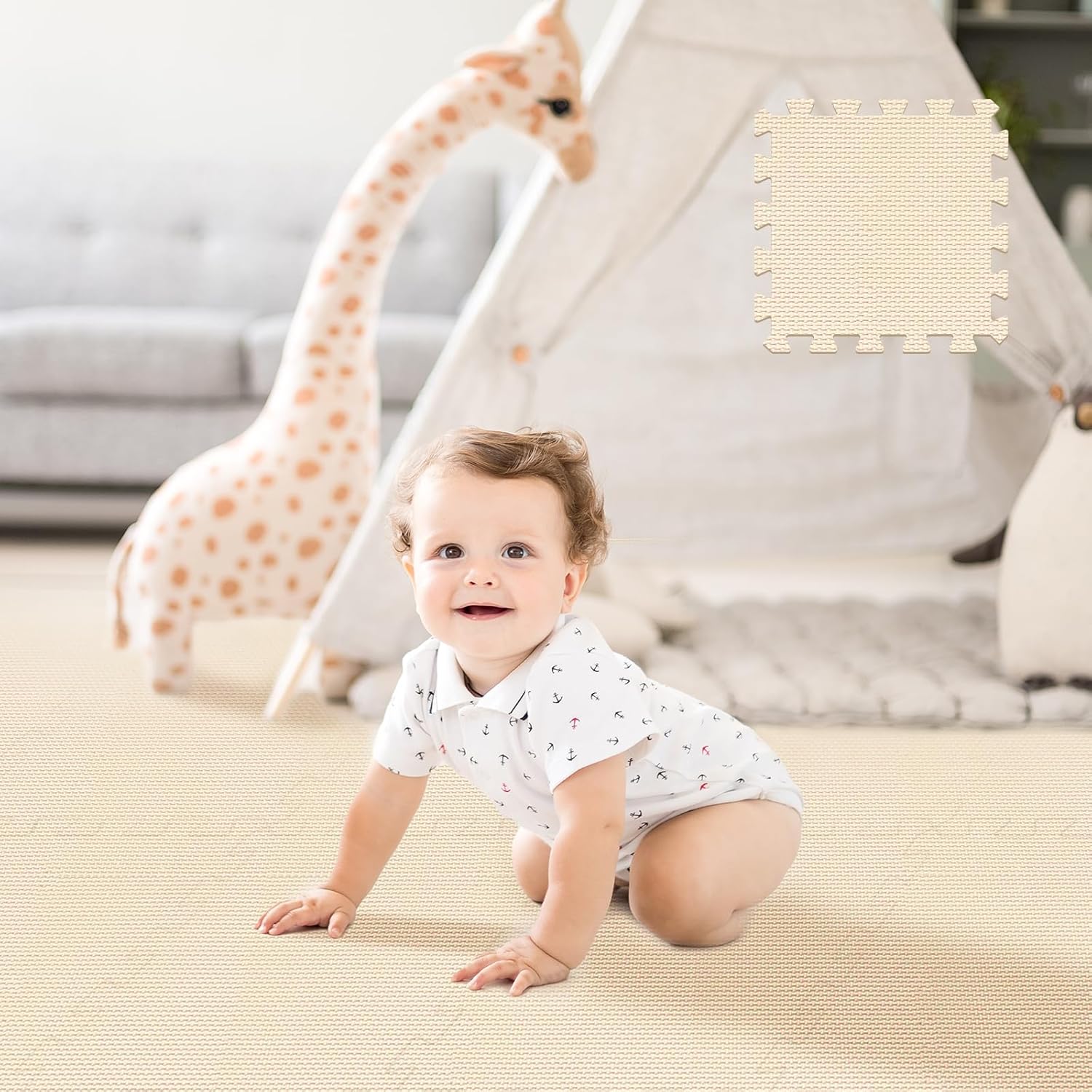 Hiwhy Puzzle Play Mat 16 tiles beige set front view
