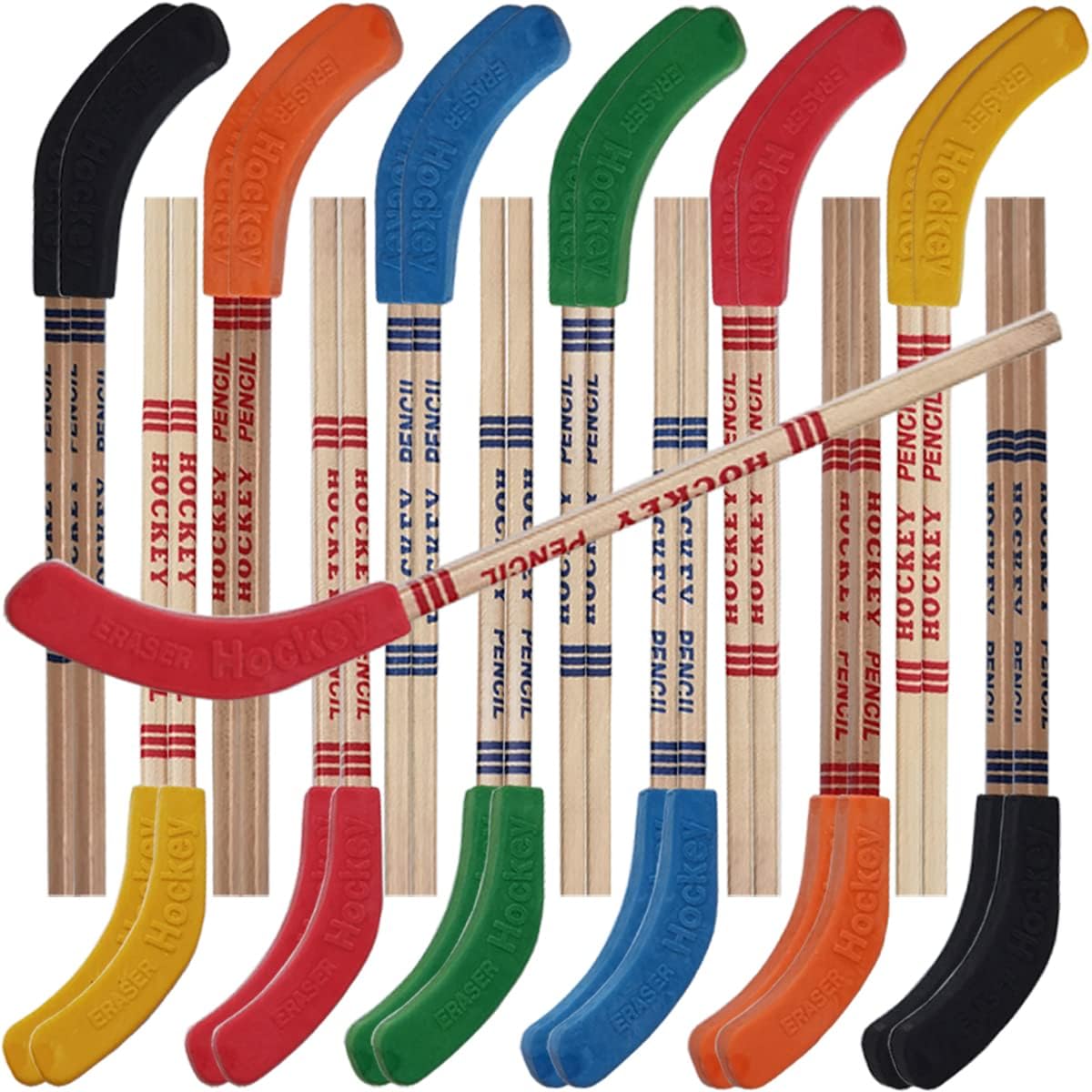 Tihood 24 pieces hockey stick shaped pencils with erasers front view