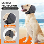 Side profile of dog in grey calming ear wrap