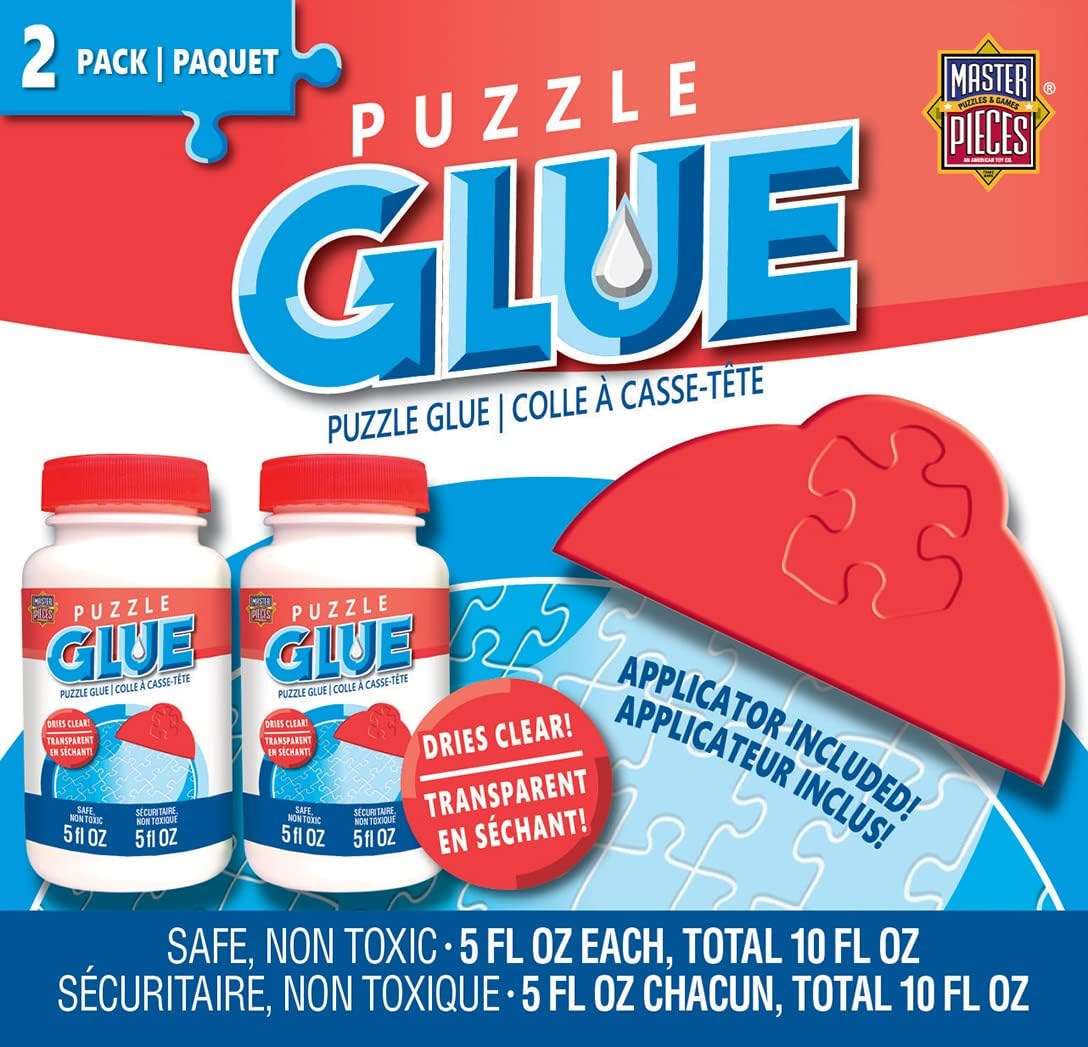 MasterPieces jigsaw puzzle glue two pack front view showing the unique puzzle piece shaped bottles and wide plastic spreader applicator.