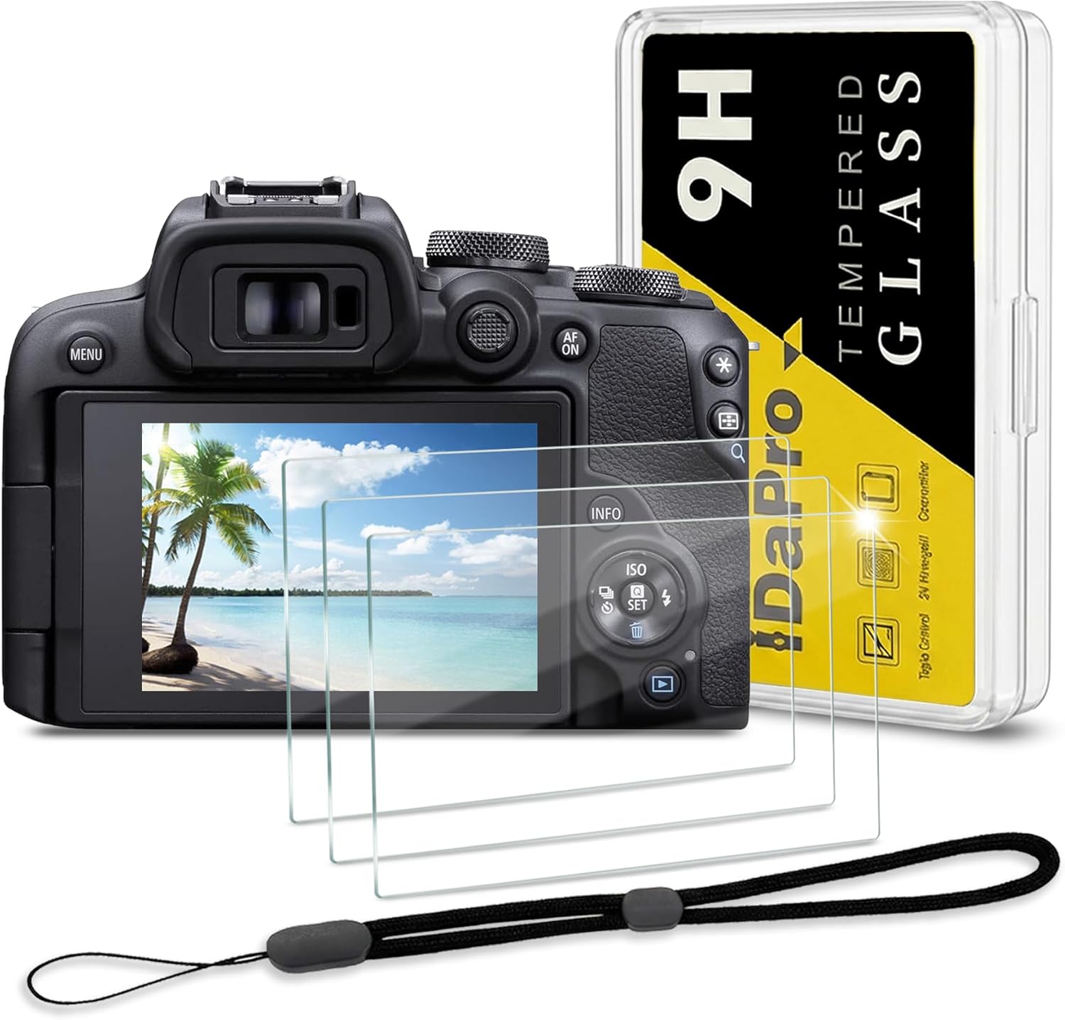 iDaPro camera screen protector front view showcasing premium packaging and tempered glass sheets.