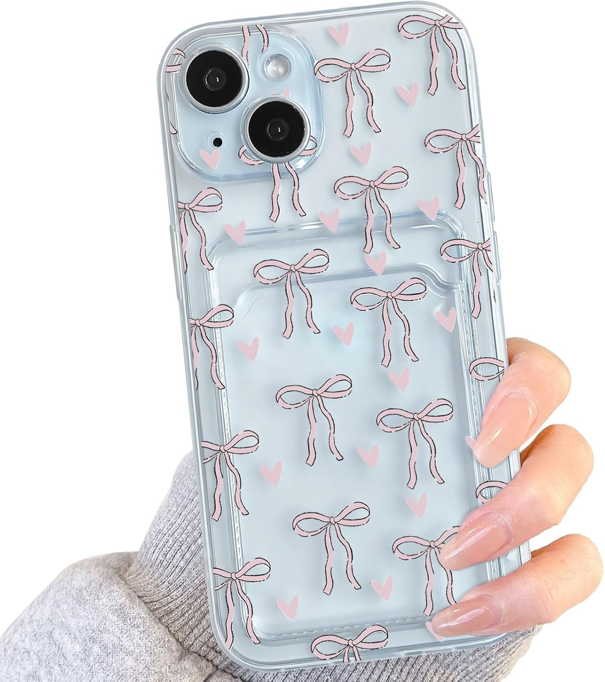 NITITOP Compatible with iPhone 13 Case Clear with Card Holder Cute Bowknot Pattern Bow Ribbon Little Love Hearts for Women Girls Soft TPU Wallet Case Protective Cover - Black - Image 15