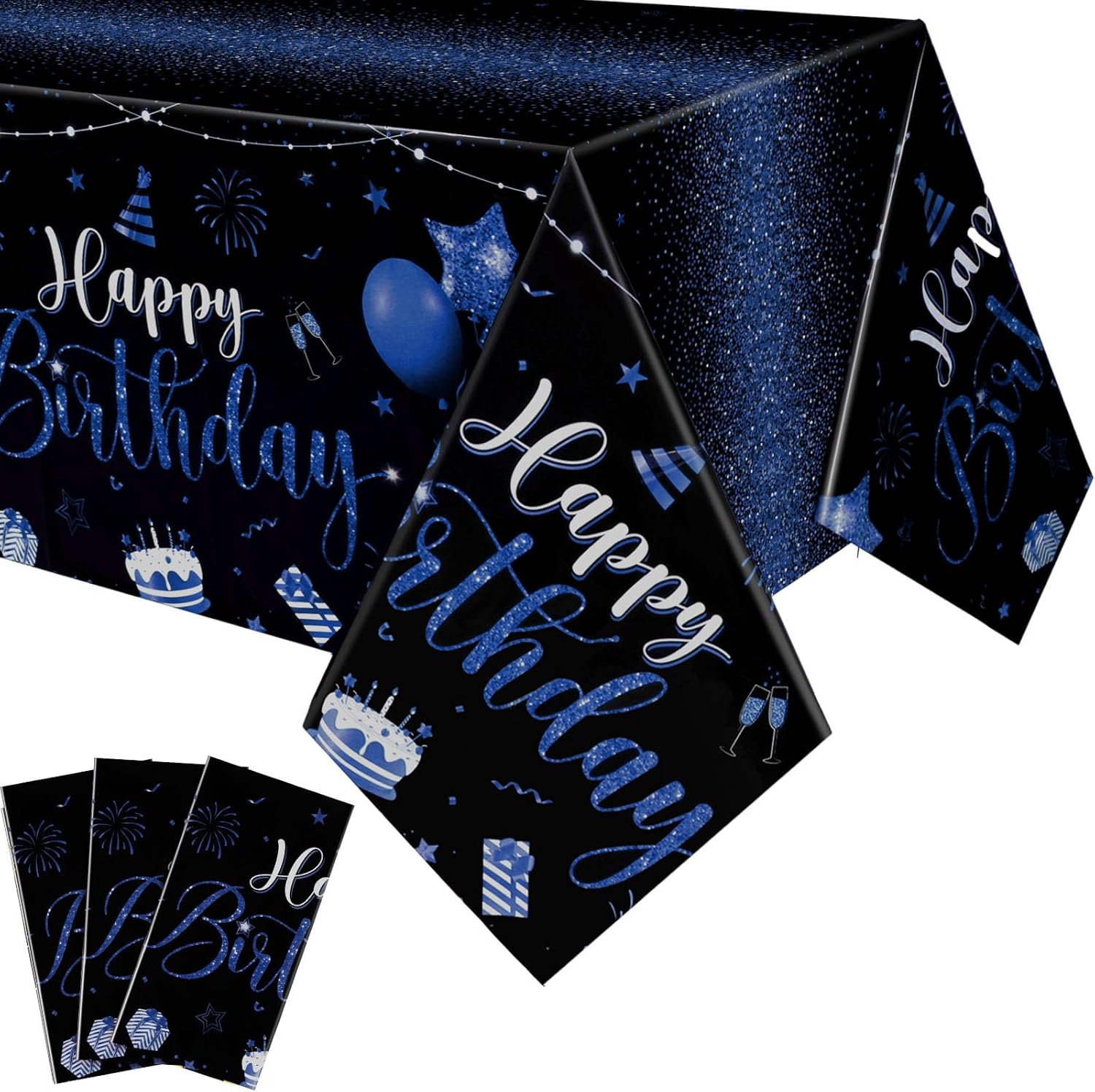 Tudomro happy birthday tablecloths front view showing black and blue festive patterns on a party table.