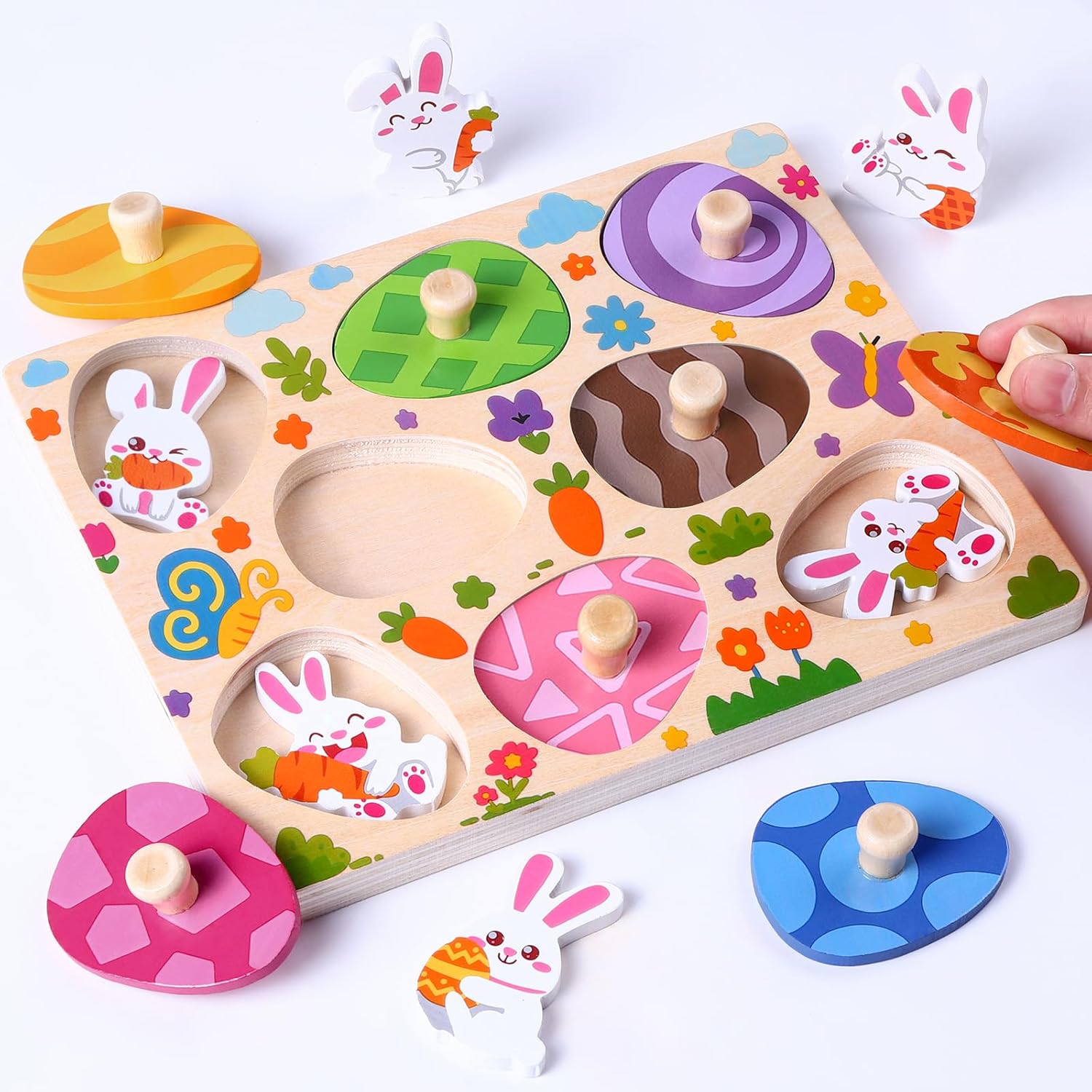 DIYDEC Easter wooden pegged puzzles front view showcasing colorful egg shapes