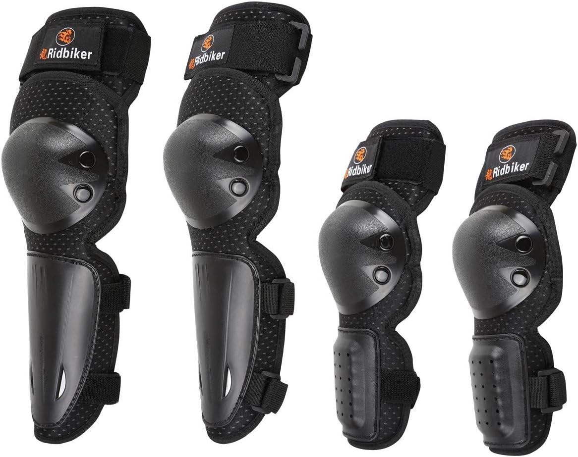 RIDBIKER kids youth motocross knee shin guard and elbow pads front view showcasing the black protective shell.