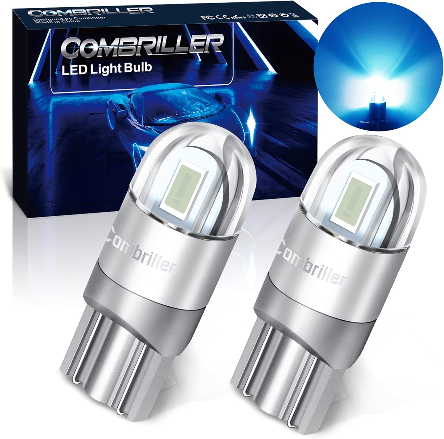 Combriller 194 LED Bulb Ice Blue pack front view showcasing premium automotive upgrade wedge lights.
