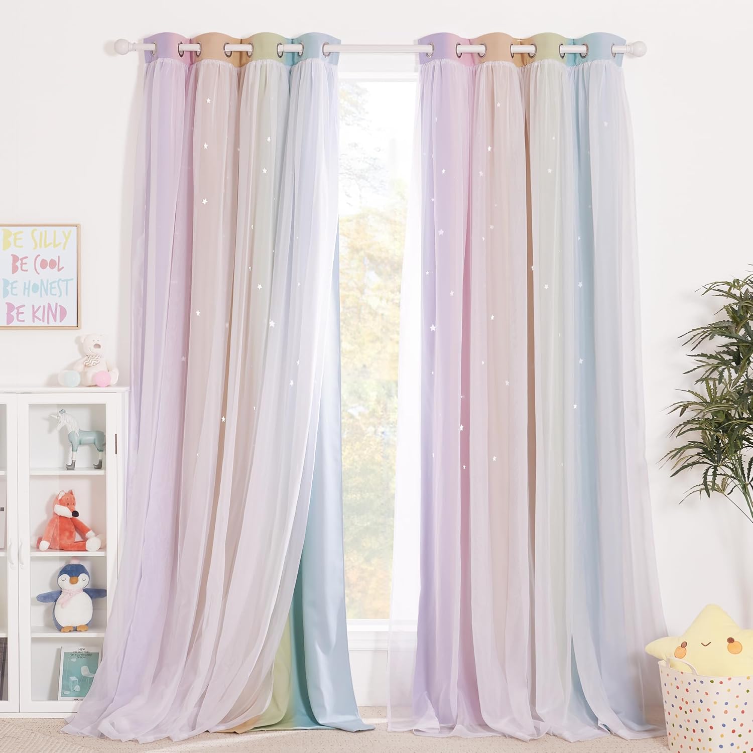 NICETOWN star curtains for girls bedroom front view displaying rainbow ombre blackout fabric with hollow out stars