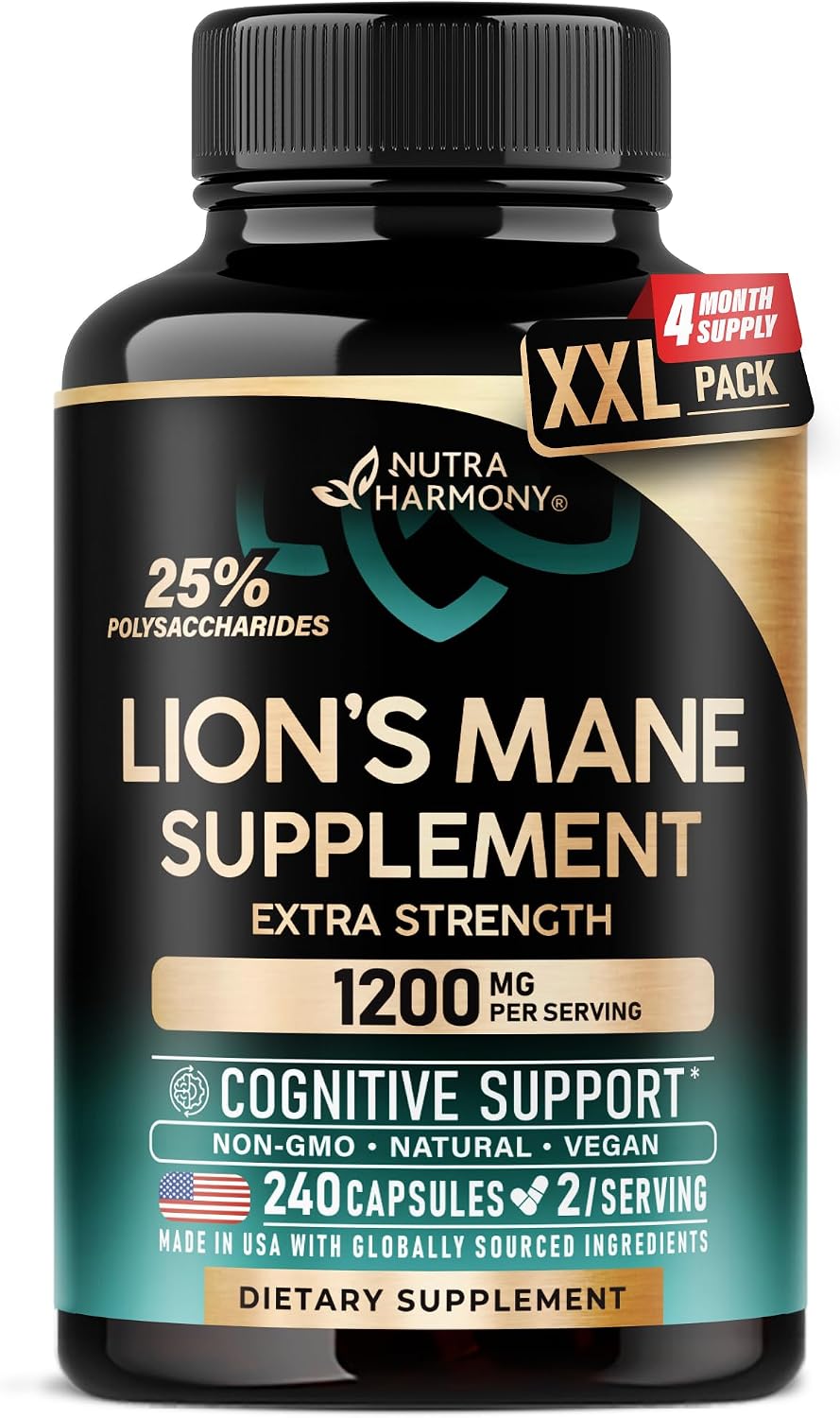 Nutraharmony Lions Mane Supplement Capsules front view bottle