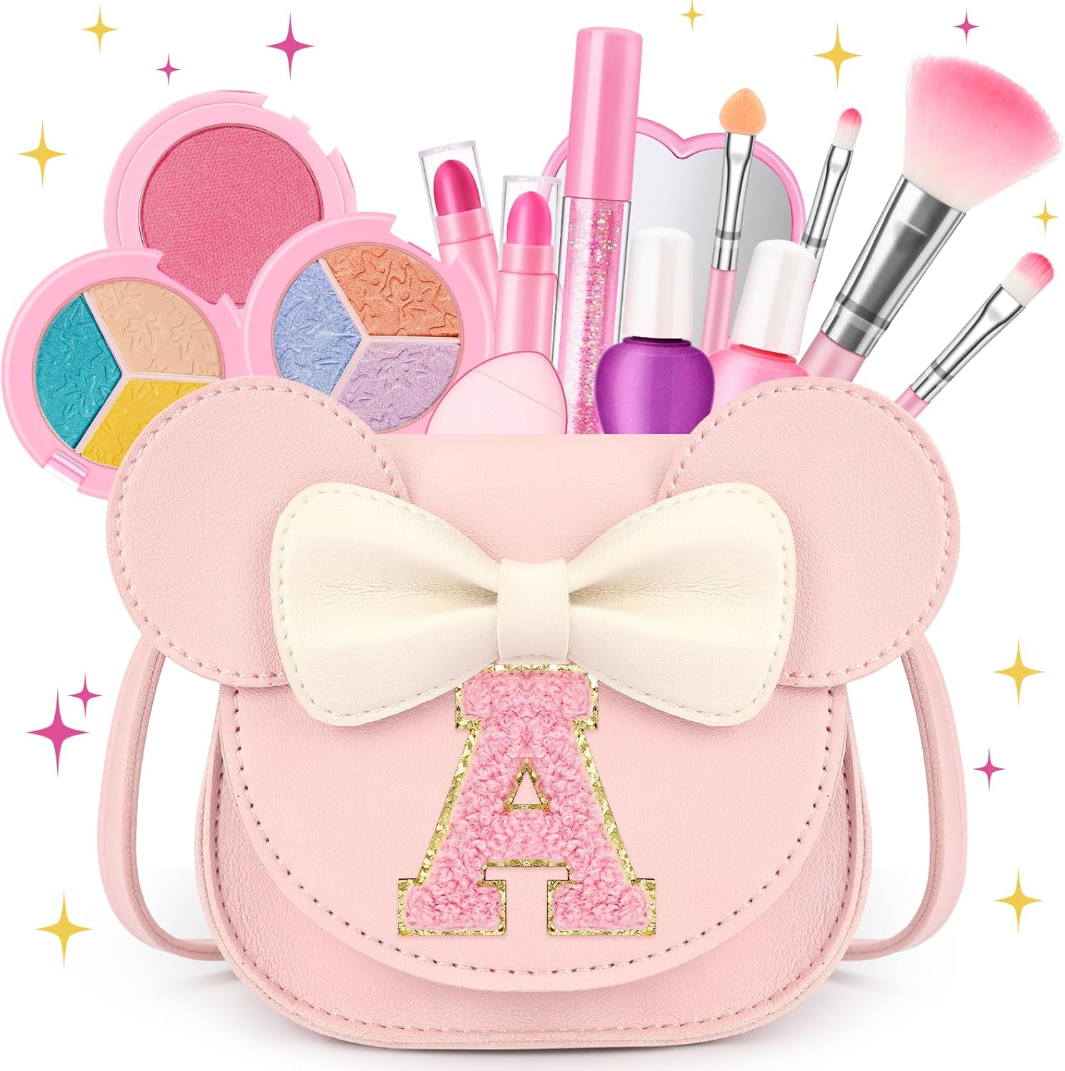 Mibasies kids makeup kit front view showing pink mouse ear purse and cosmetics
