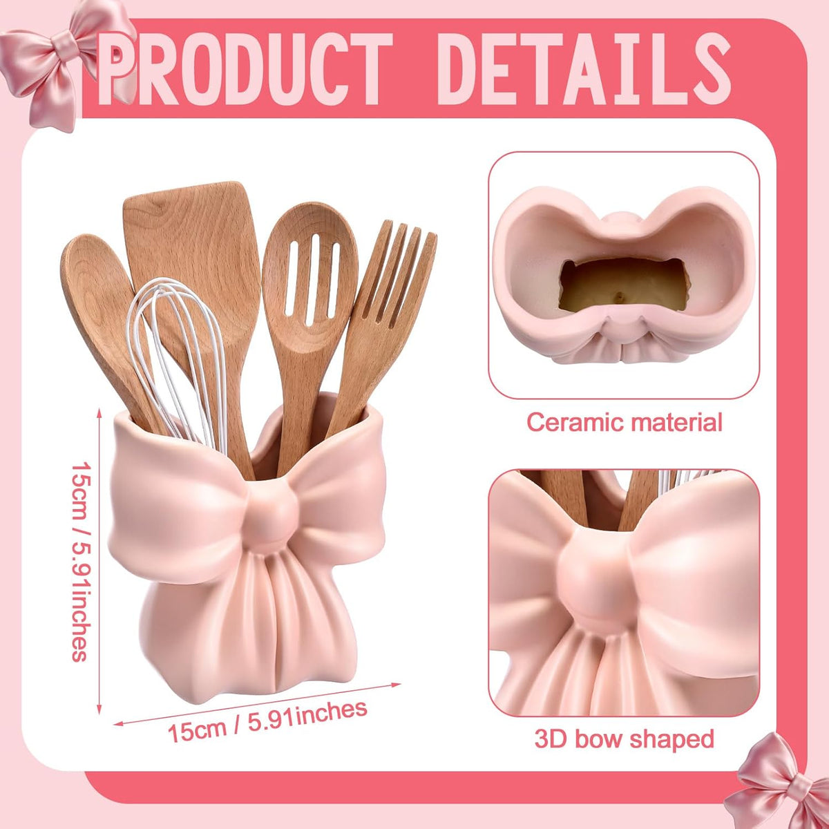 Hushee pastel pink kitchen utensil holder filled with wooden cooking spoons