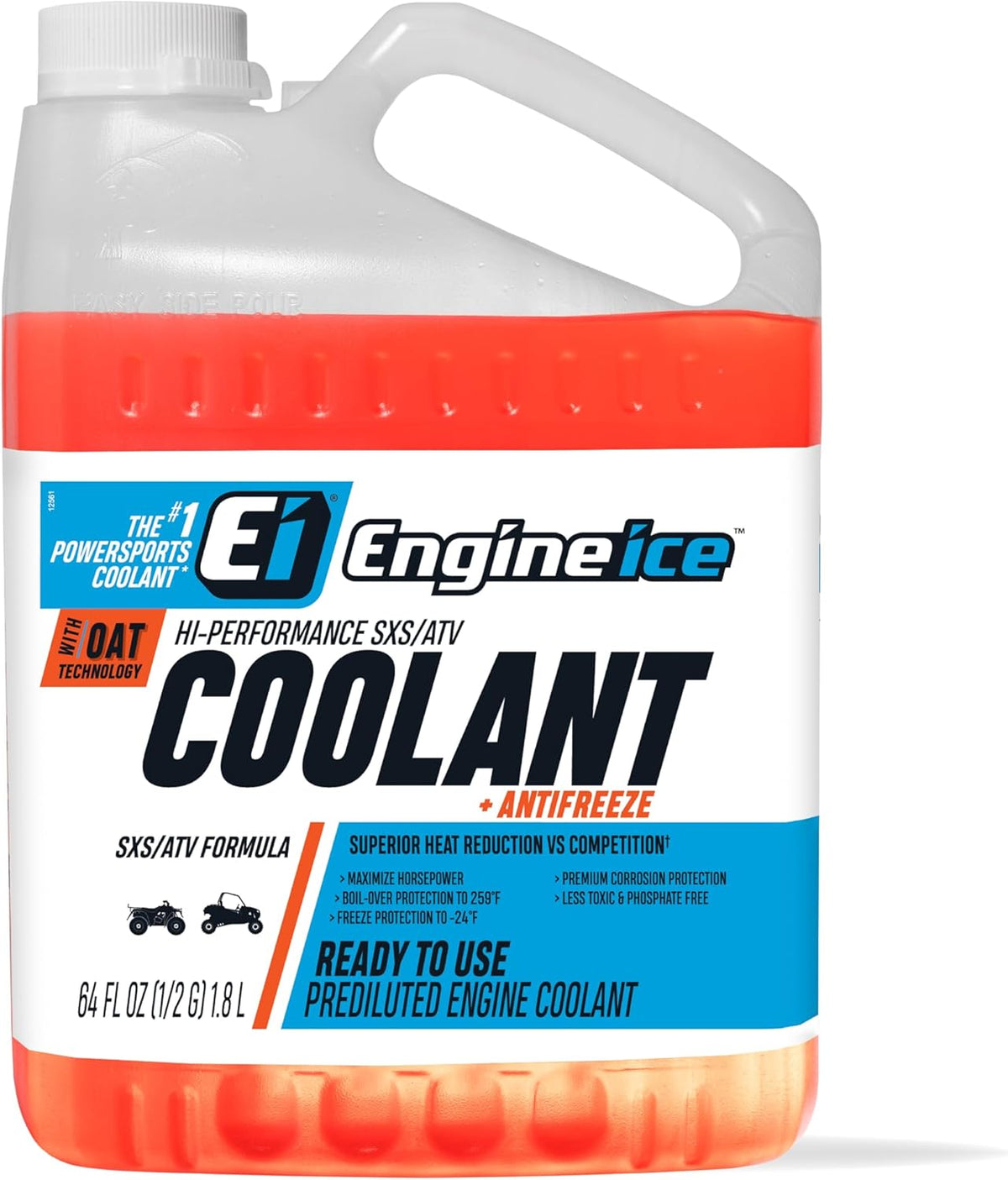 Engine Ice Hi-Performance Side-By-Side and ATV Coolant bottle front view showing premium orange fluid label