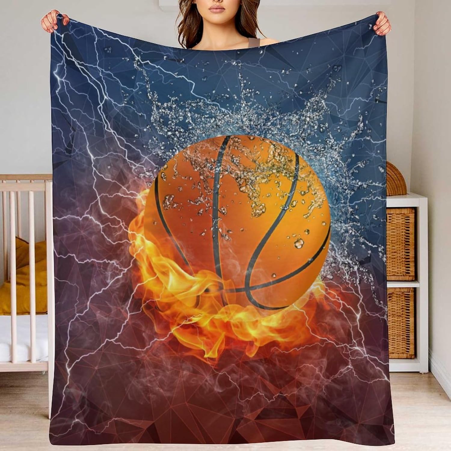 MDKU Basketball 3D Print Throw Blanket front view on sofa