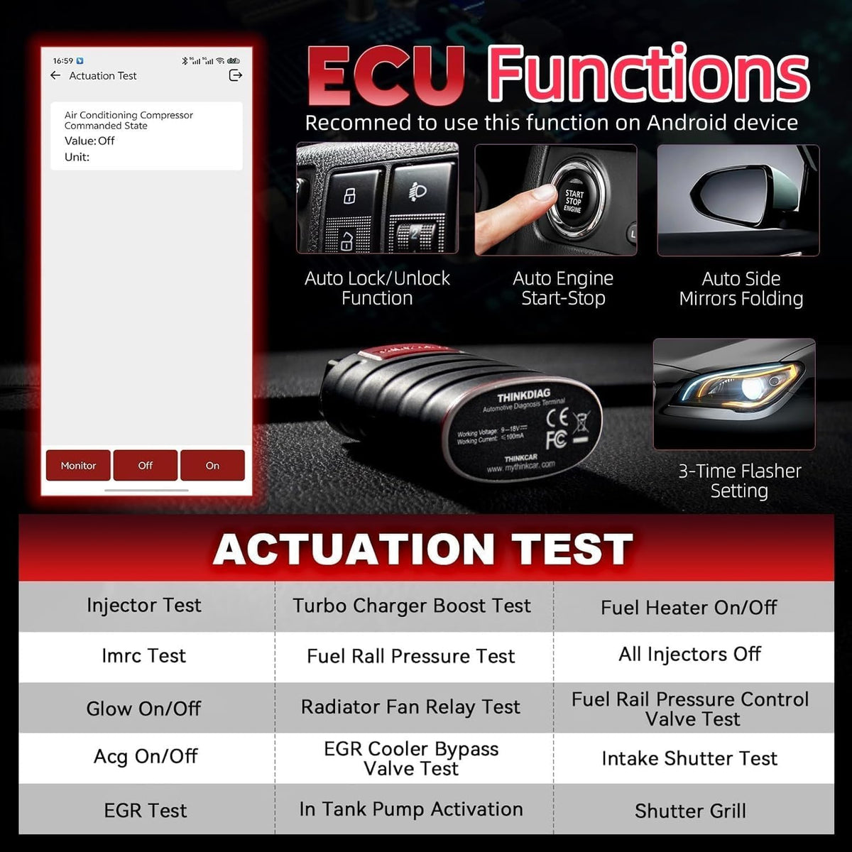 Thinkcar OBD2 scanner showing bidirectional testing interface
