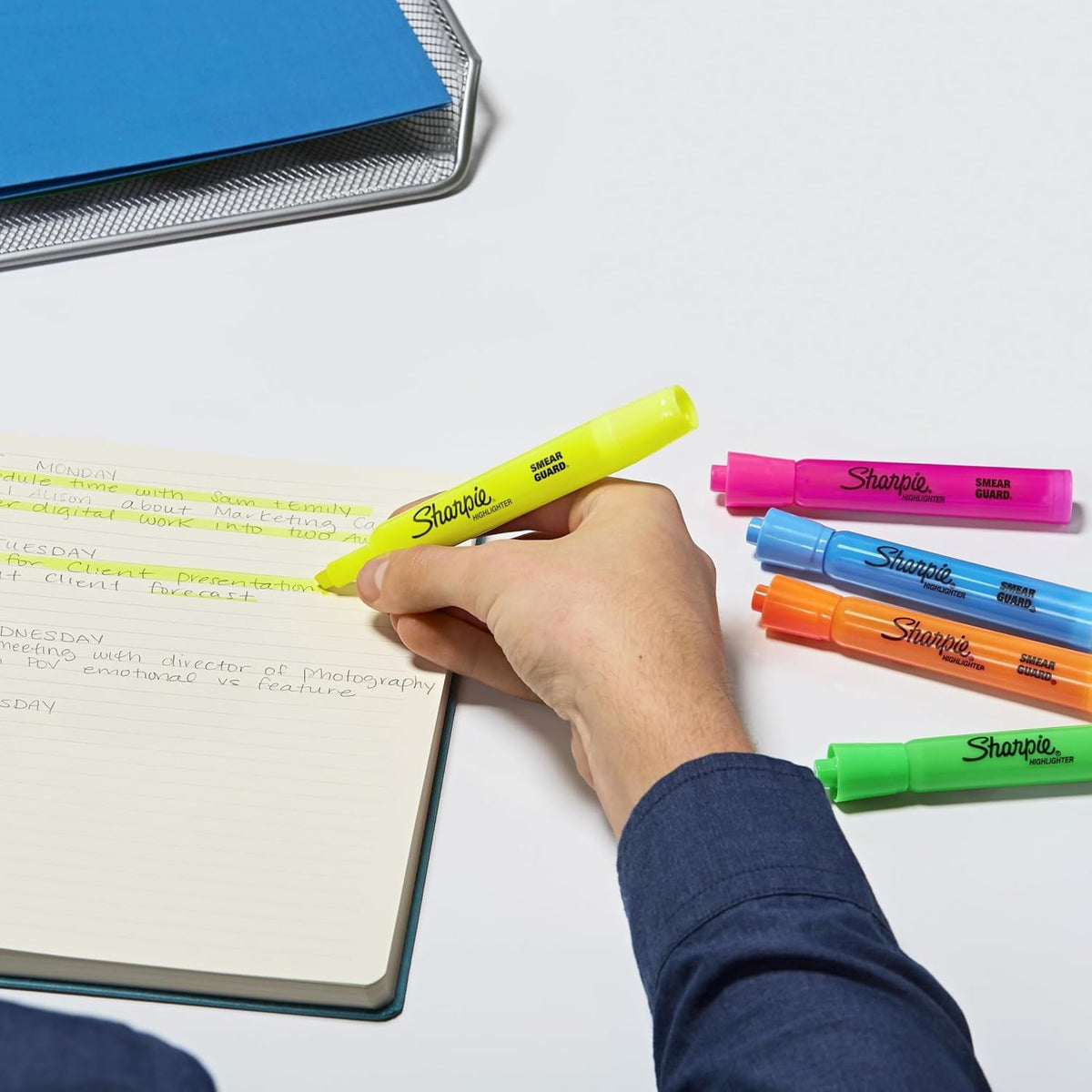 Sharpie Accent highlighters showing pink blue yellow orange ink