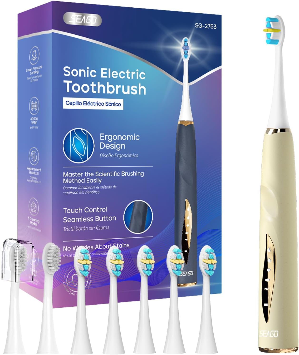 SEAGO Electric Toothbrushes for Adults, Rechargeable Toothbrushes with 8 Brush Heads,5 Modes, Toothbrush with Pressure Sensor,Sonic Toothbrush,SG-2753(Beige) - Image 1