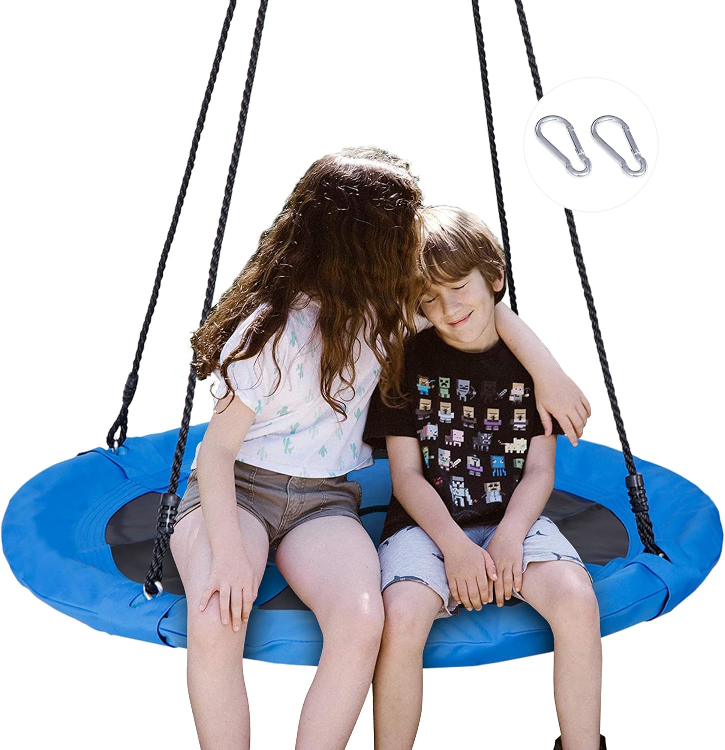 SUPER DEAL blue saucer tree swing front view in a spacious backyard
