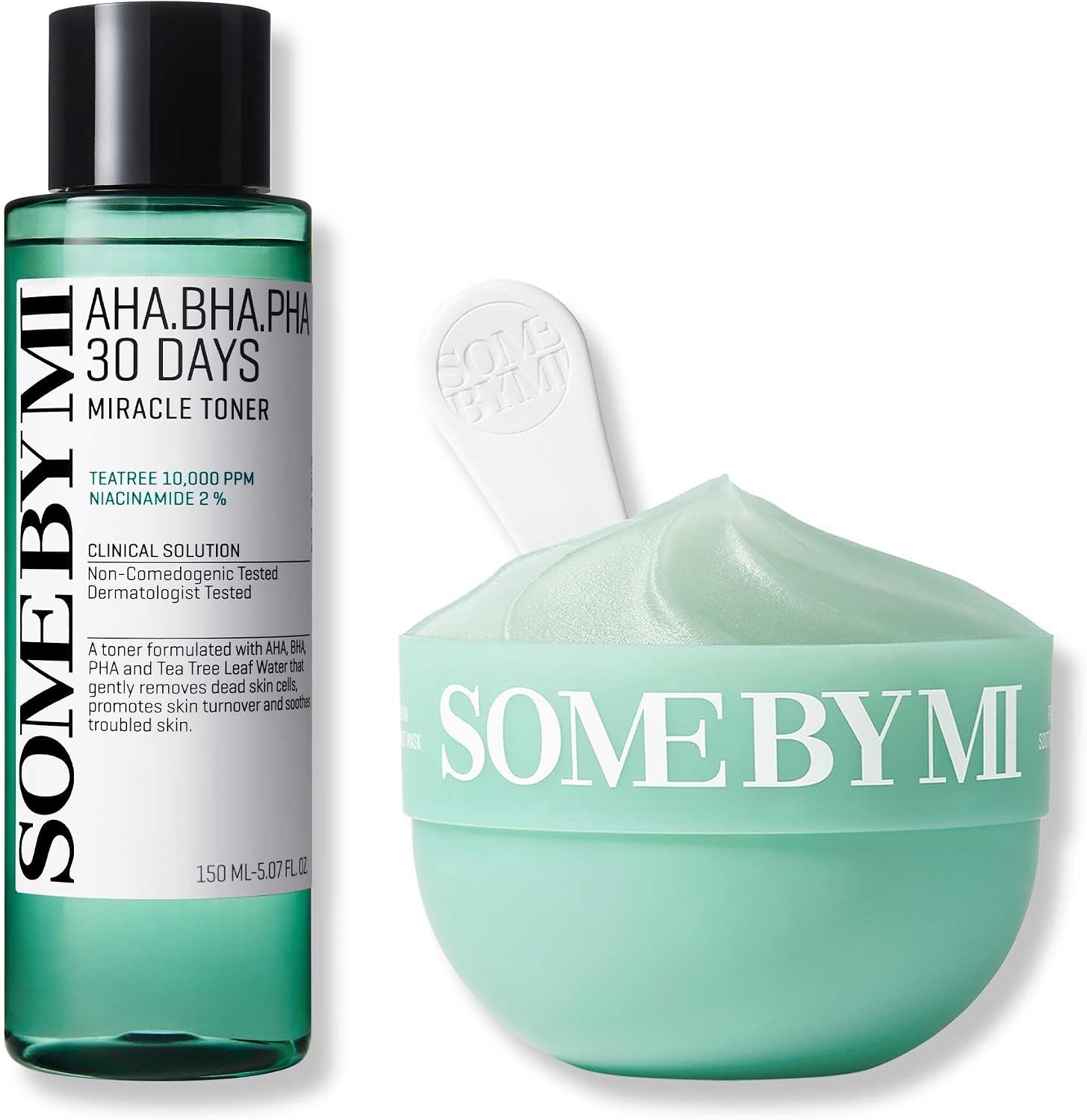 Some By Mi PDRN Spirulina Soothing Sherbet Mask and Miracle Toner set front view for acne control.