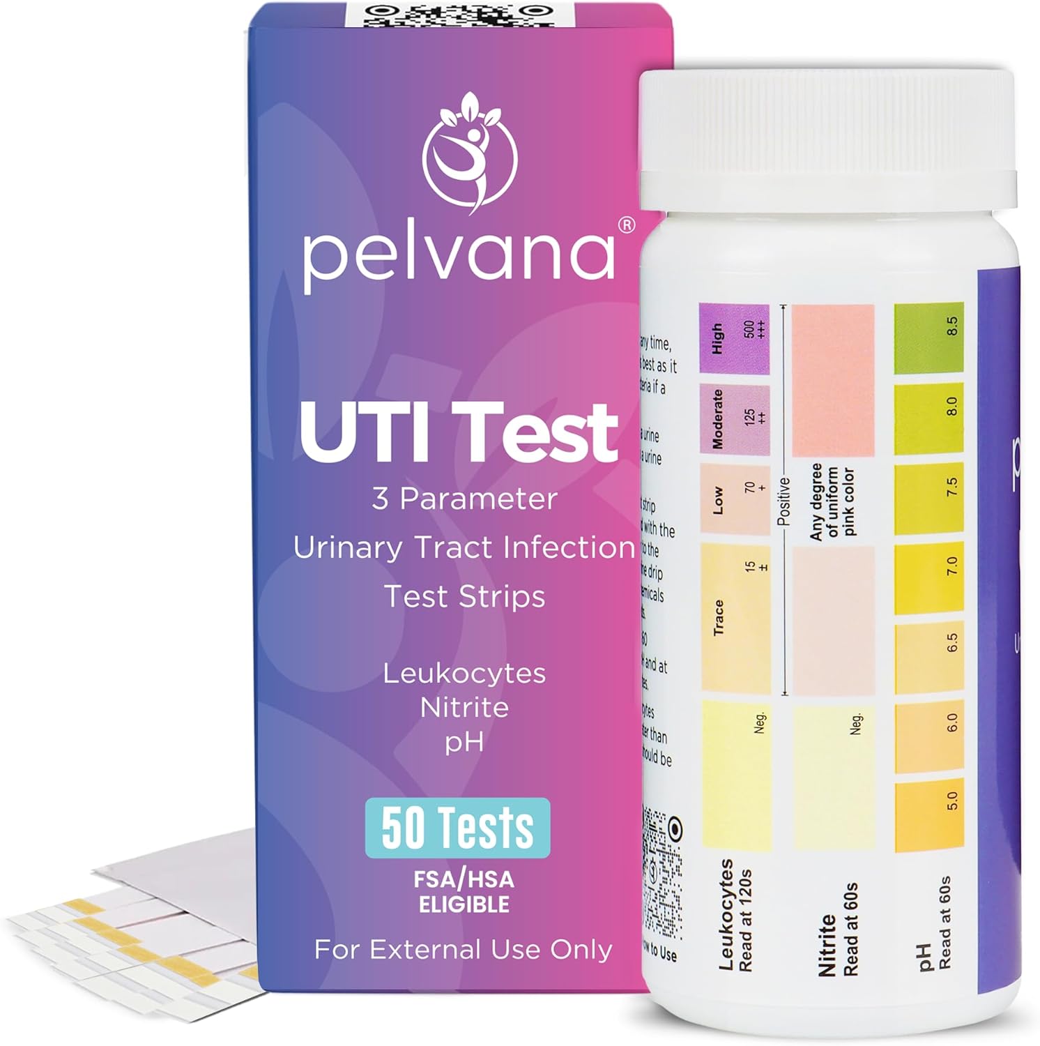 Pelvana Urinary Tract Infection Test Strips - 50 UTI Test Strips for Women, Accurate 3-Parameter Nitrite, Leukocytes and pH Readings, Advanced and Easy at-Home UTI Testing - Image 1