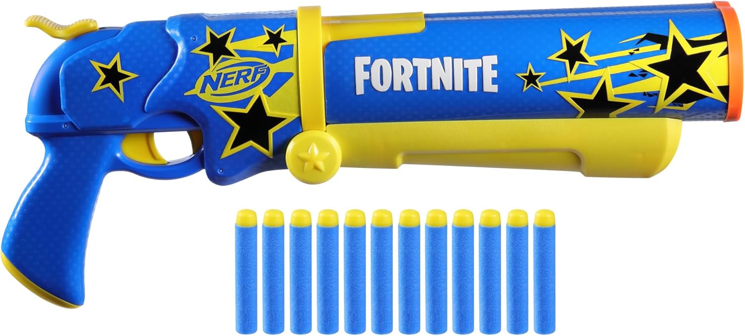 Nerf Fortnite Half Tone Hero Blaster, Bonus Code to Unlock Half Tone Hero Wrap in The Game, Break Open Loading, 12 Nerf Elite Darts, Fortnite Gifts - Image 1